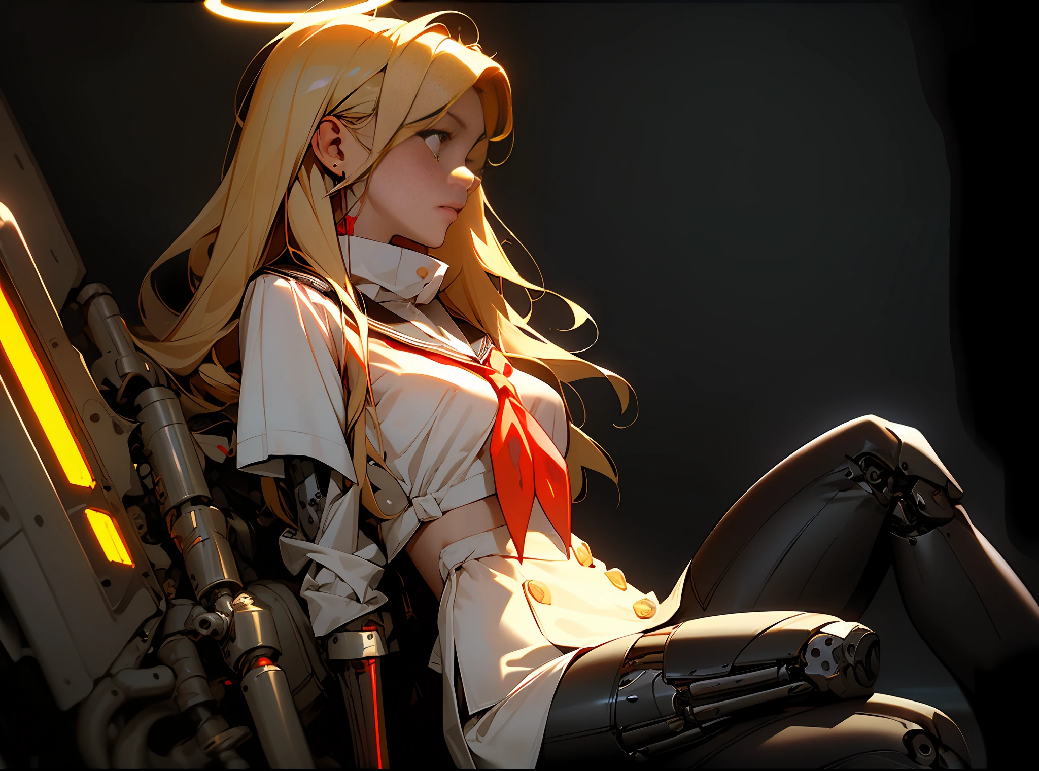 1girl, blonde hair, absurdly long hair, ((soviet pioneer)), white shirt, pioneer movement, (((pioneer neckerchief))), scout uniform, cyberpunk, ((mechanical arms)), mechanical halo, mechanical parts