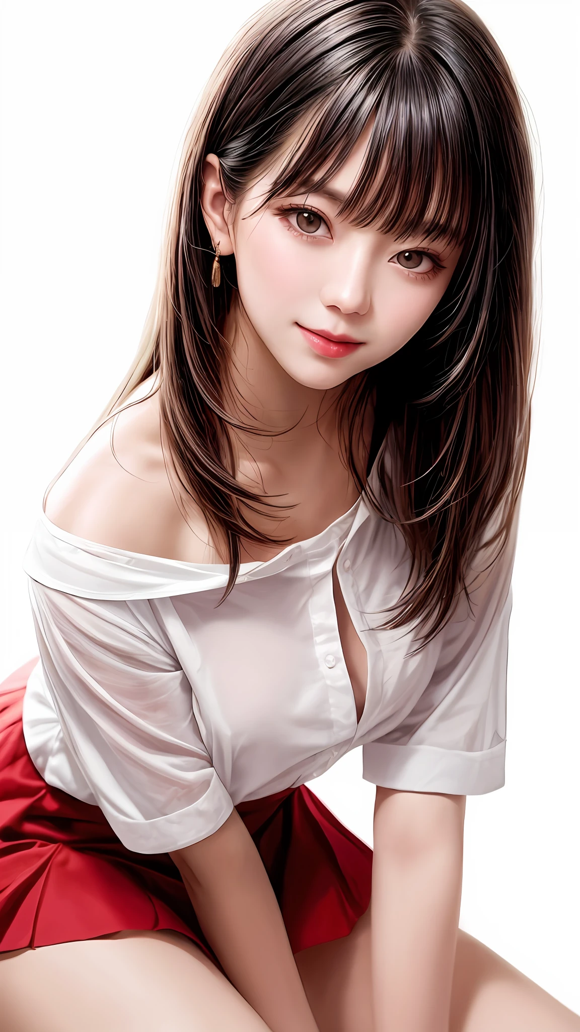 Pee (incontinence: 1.47), fashion trendy beautiful and attractive woman, gentle and attractive Chinese beautiful woman, Korean (kpop idol), delicate and sexy collarbone, attractive oval face, double eyelids, smart [peach] flower eyes, pink lips, small nose, bare shoulders, focus on face, [[face close-up], ultra high definition, super detail, White off-shoulder lace shirt, (((white lace panties), fresh and impressive, natural (large: 1.25), (kneel on the ground), (legs wide open), (legs spread), (from a low angle), (upright 1.5), (shiny skin: 1.4), (low angle)), perfect figure, areola, cleavage, armpit wrinkles, (floor urine)), (NSFW: 1.05), ( Showpiece, top quality, high precision)), one girl, (big, photorealistic: 1.4), (slightly above the camera, looking up at the camera, looking up, looking up at the camera, staring at the camera))), solo, solo, white background, snow-white background, mouth closed, happy smile, pretty black hair, short hair, big eyes, pronounced double eyelids, eyelashes, ears out, long neck, long neck, Absolute area, ((close-up of face, short hair with bangs)), 19 years old, attractive proportions, shiny skin, clean collarbone, golden ratio face, perfect face, teardrop mole, chest mole, bangs, clean bangs, beautiful bangs, lip gloss, thin lips, white skin, undressed, big breasts, small face, staring at the camera a little upwards, ((smiling a little at the camera, really nothing pure white background, very big, big big, big breasts)), ((((uniform, shirt))))
