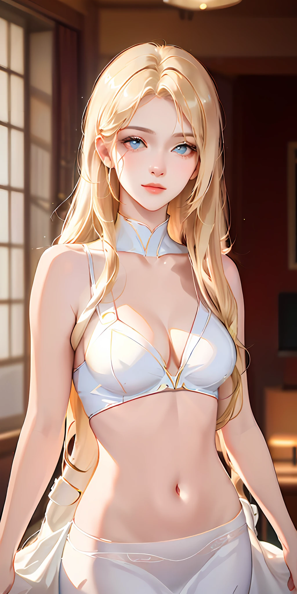 (Photorealistic:1.4), (Masterpiece, Sidelight, Fine Beautiful Eyes: 1.2), Masterpiece*Portrait, Realistic, 3D Face, Luminous Eyes, Glossy Hair, Glossy Skin, Alone, Embarrassing, (Epigastric), Blonde Hair, medium breast, navel, gown, slim legs