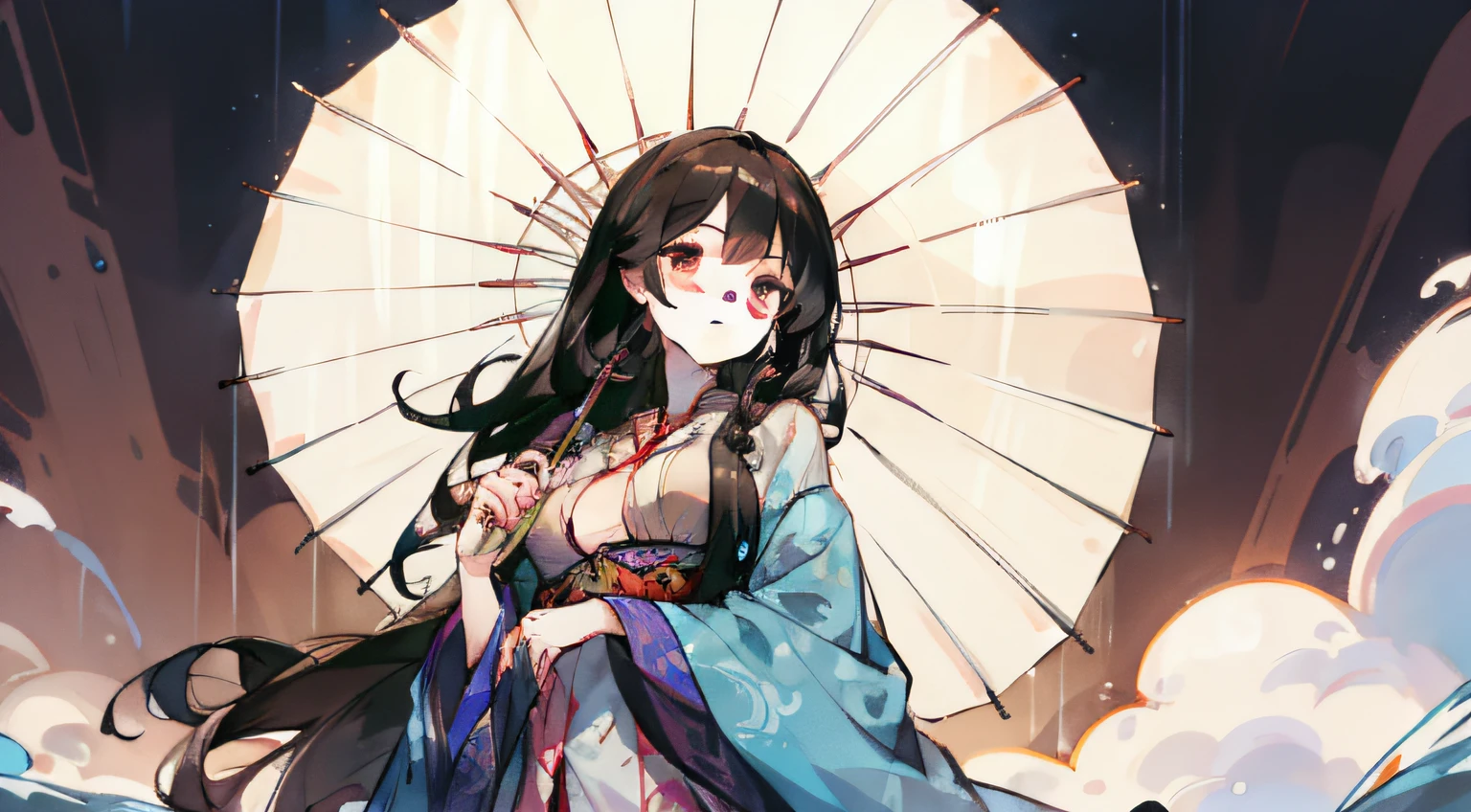 ink draw，dark haired，long haired，Straight hair，dished hair，Shawl hair，asiatic，Hanfu，lingeries，Bikini Big breast，Gangnam，（Drizzle 2.0），holding umbrella，Expressionlessly，Frigid style，high qulity，anatomicaly correct