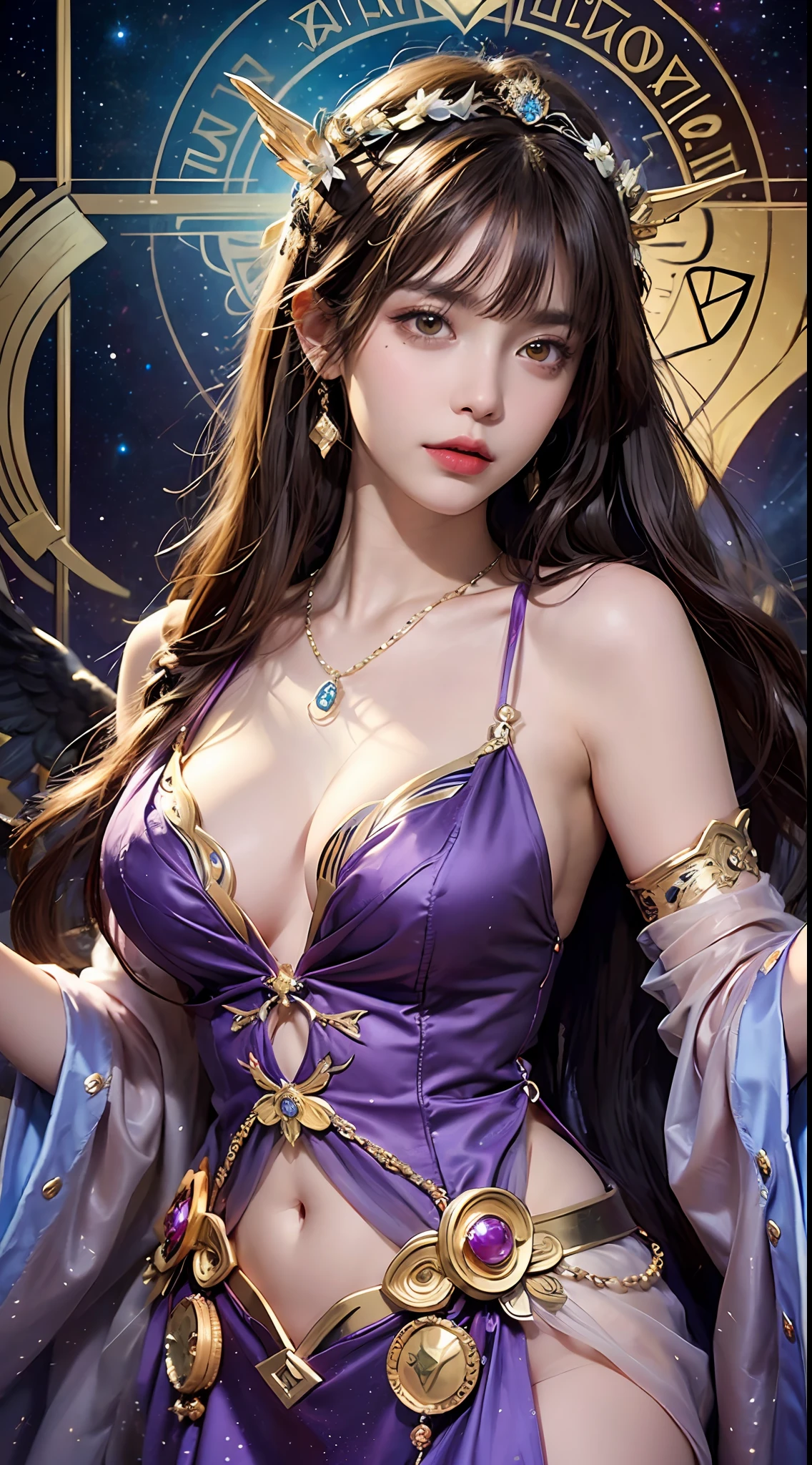 1 27-year-old girl, 1 zodiac goddess from the future, 12 zodiac goddess pink purple, 12 zodiac goddess face sexy thin yellow nightgown, long thin nightgown 12 zodiac many limbs sexy black lace detail, mythical goddess of the 12 zodiacs from the future, zodiac ♏, luxurious glittering zodiac style, dark and mysterious version, zodiac crown, lipstick red lips, thin and pretty lips, don't smile, keep your mouth shut, characters created by karol bak and pino daeni, intricate detail, detailed background, extremely detailed, light magic, a woman, clear face, looking at the upper body of the goddess of the zodiac, round breasts, big and round breasts, phoenix hair brooch, long hair with bangs, beautiful detailed face and well-proportioned eyes, (transparent yellow eyes: 1.8), big round eyes and very beautiful and detailed makeup, visionary, long silk nightgown, mysterious makeup, Bracelets, side bangs and dye pale yellow, upper body, (zodiac goddess upper body: 1.8), drooping arms, Realistic and vivid photo, (stars that make up the zodiac: 1.7), ( sky zodiac and fictitious space and time portal: 1.8), fiction art, RAW photo, hanfu photo, best photo , high_res, best quality, best photo, 8k quality, 8k ultra , surrealism, the most economical real photo, artistic portrait of 12 zodiac signs, 1 symbol of 12 zodiac signs behind, single portrait of 12 zodiac goddess, The most realistic color scheme, best photo color, masterpiece, hair ornament, necklace, jewelry, Beautiful face, upper body, tyndall effect, photo realistic, dark studio, border light, two tone light, (detailed skin) high: 1.2), 8k uhd, dslr, soft light, high quality, volumetric light, candid, Photo, high resolution, 4k quality, 8k, Bokeh, Smooth and sharp, pixel up 10 times, Charming zodiac goddess, sexy zodiac goddess, (background space: 1.8), (galaxy: 1.7), aurora, lightning, (Aurora Background: 1.8) <lora:locon_perfecteyes_v1_from_v1_, beautiful goddess and flowers,