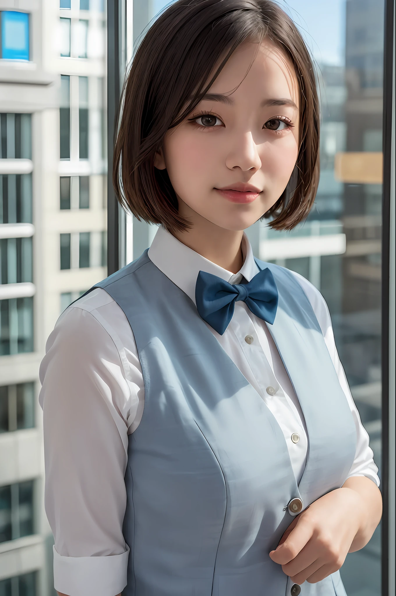 1girl, matured female, vest, bow, photo, realistic, best quality, hires, detailed face, office, buildings from window, detailed background, diffused sunlight, depth of field, bokeh