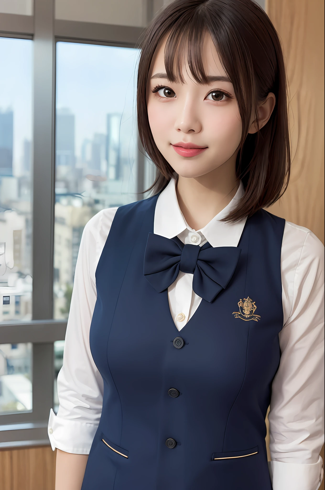 1girl, matured female, vest, bow, photo, realistic, best quality, hires, detailed face, office, buildings from window, detailed background, diffused sunlight, depth of field, bokeh