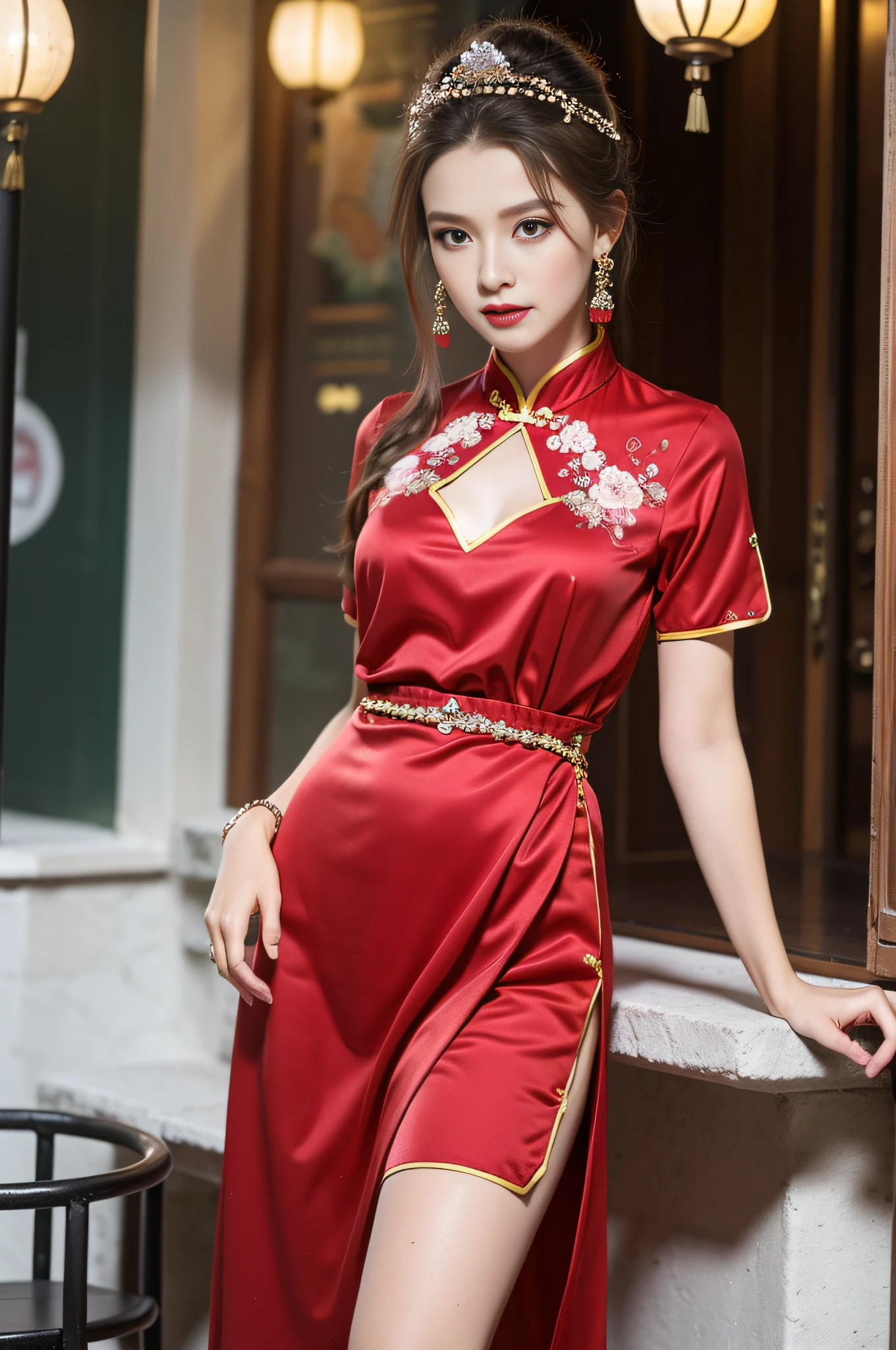 A young girl，Very detailed CG unity 8k wallpaper，（杰作），（best qualitiy），（Ultra detailded），（ultra realistis）,Wearing a crystal headdress on a water-patterned bead curtain，wearing a red cheongsam，The clothes are fluttering，The waist-hip part ratio is 0.8，Beautiful and decent，Paired with the charm of Chinese architecture in the background，It looks particularly calm and dignified。