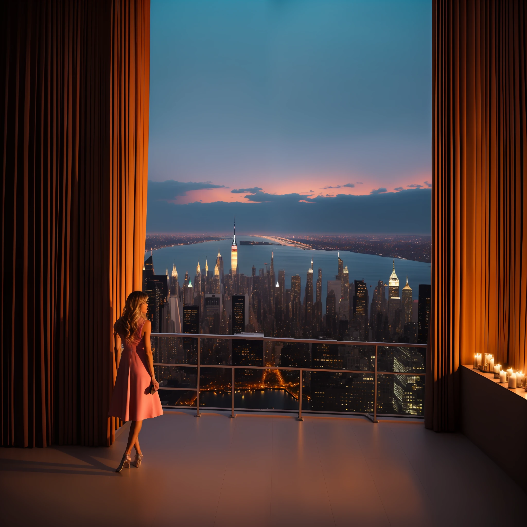 Kathryn Winnick, com vestido cintilante rosa, numa mesa do Ritz de Nova York, a noite, luz natural, cinematic lightening, fundo skyline da cidade iluminada, fotorrealista, 8k foto de celebridade, muito real, obra prima --auto