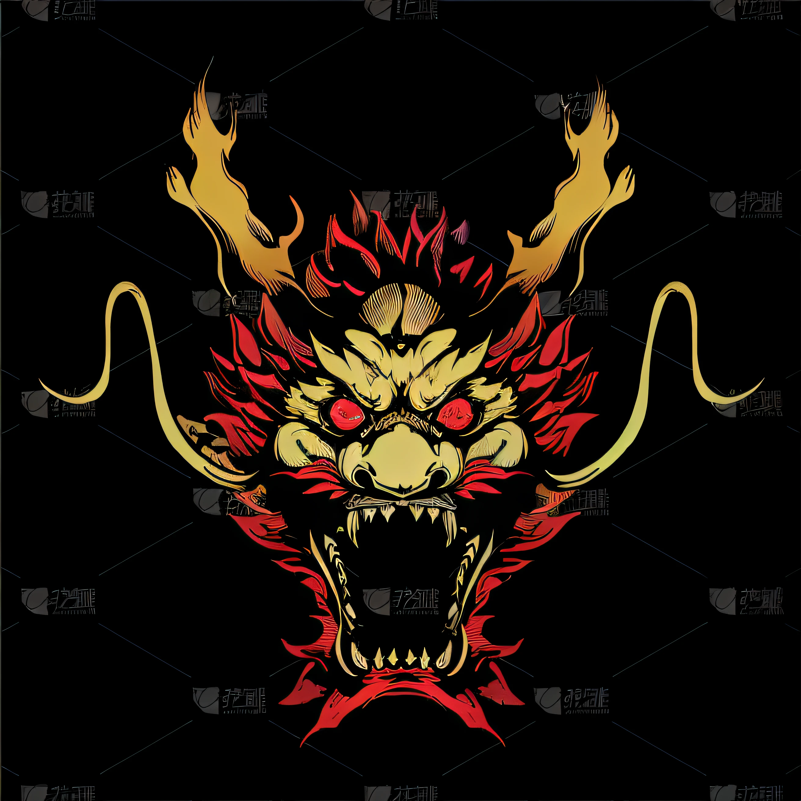 a dragon head with red and yellow flames on a black background, Dragon face, faucet, majestic japanese dragon, China Dragon, fire flaming dragon serpent, demon samurai mask, ''dragon breathing fire, the devil in hell as a dragon, chinese dragon concept art, smooth chinese dragon, faucet!, dragon mouth, oni mask, fire dragon, dragon breathing fire, Red dragon