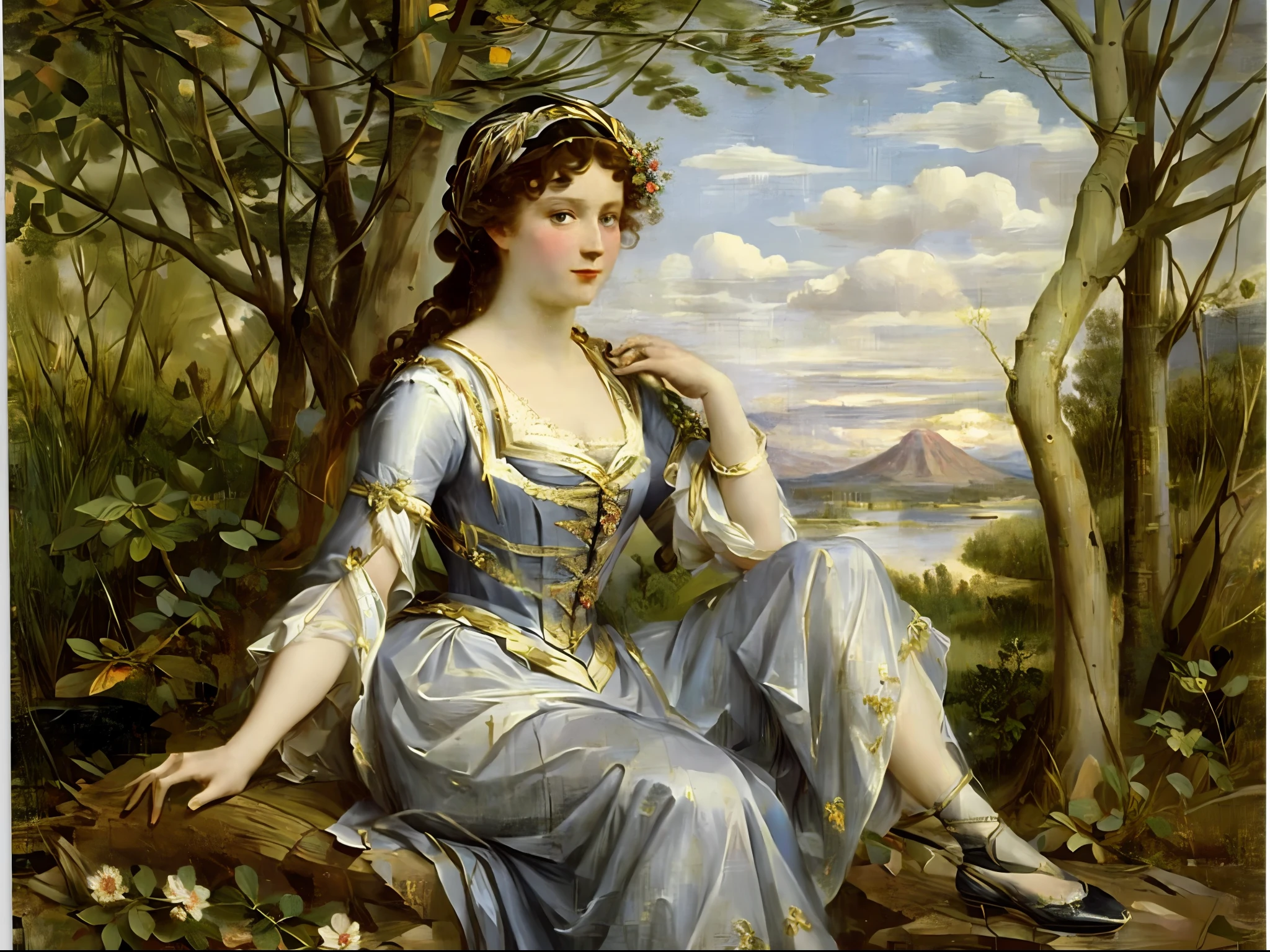 self-portrait, inspired by the artist Élisabeth Louise Vigée le Brun as the goddess of the hunt Diana, An intricate plot, resting under a mighty Italian oak tree at the foot of Mount Vesuvius, on the shore of a pond, a beautiful evening sunset, the plot is rich in paraphernalia of ancient life, household items, luxury, antique dress, Beautiful scenery, combining Rococo and Renaissance, SVG anti-aliasing