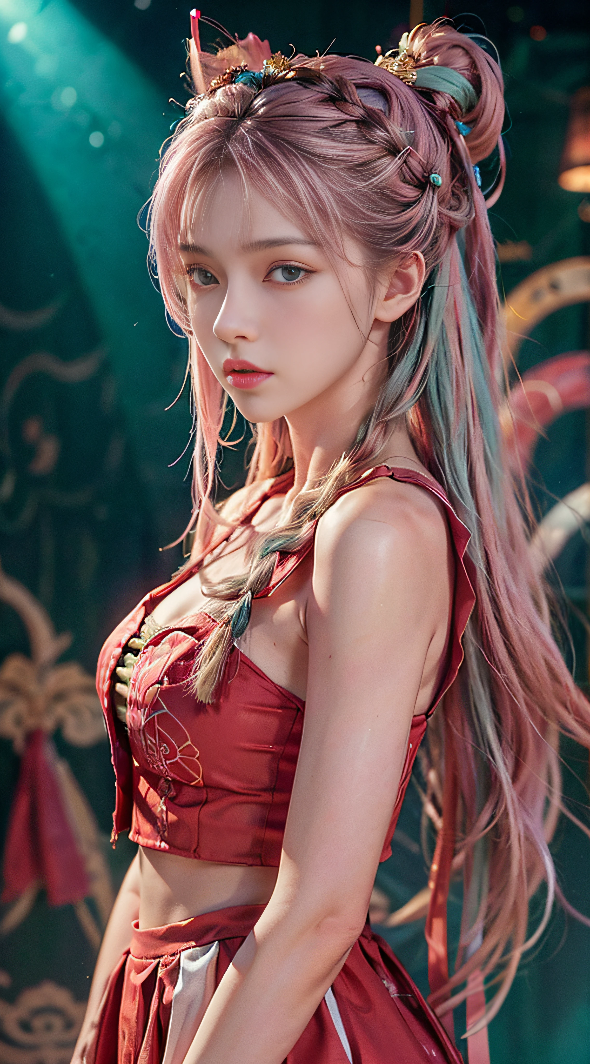 (RAW Photo, Best Quality), (Realistic, Photo Realistic: 1.3), Best Quality, Highly Detailed, Masterpiece, Hyperdetail, Illustration, (1girl: 1.3), Solo, Body Parts, Official Art, Uniform 8k Wallpaper, Close-up of a person with long hair and colorful hair, Colorful braids, pink double-tailed hair and cyan eyes, anime style,