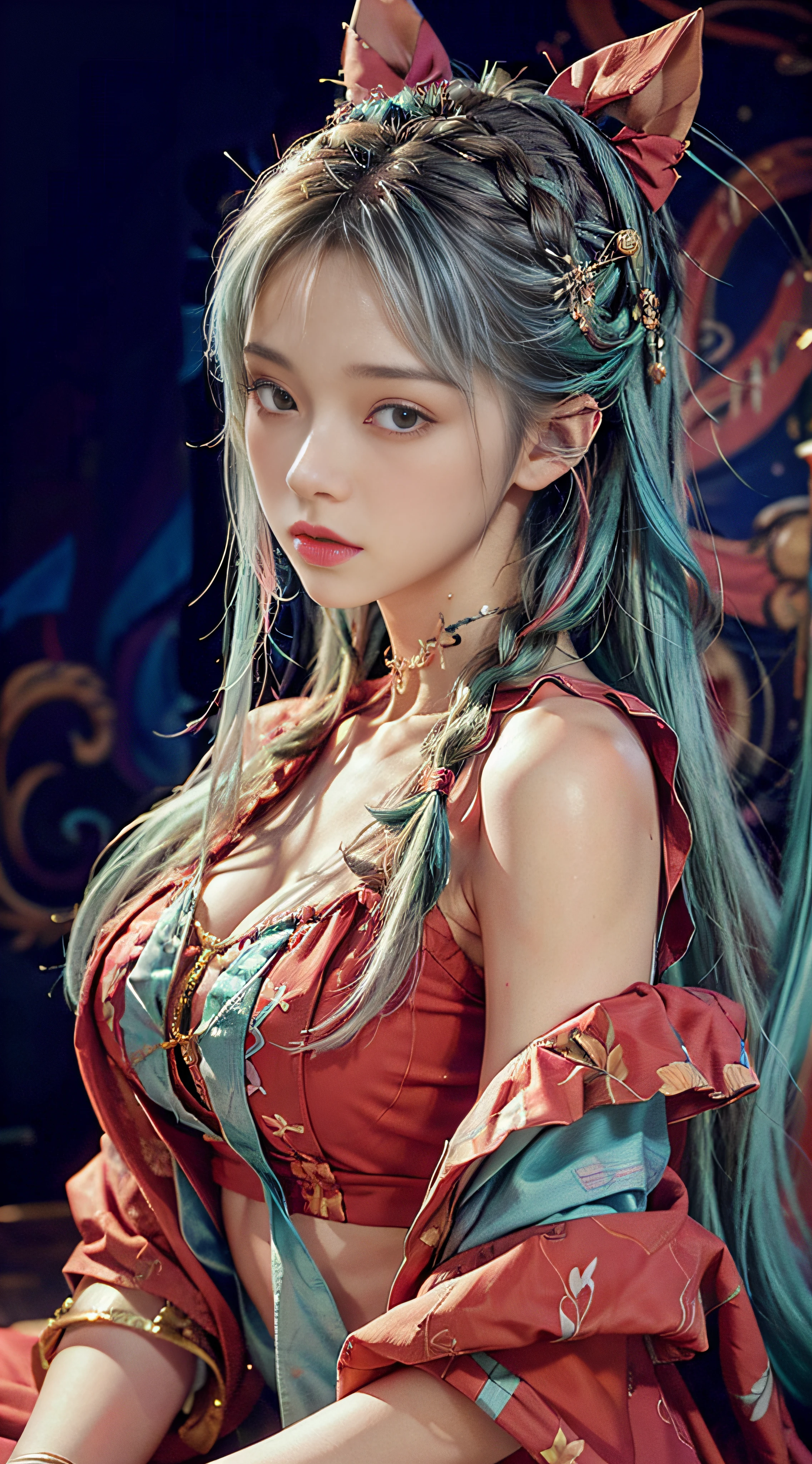 (RAW Photo, Best Quality), (Realistic, Photo Realistic: 1.3), Best Quality, Highly Detailed, Masterpiece, Hyperdetail, Illustration, (1girl: 1.3), Solo, Body Parts, Official Art, Uniform 8k Wallpaper, Close-up of a person with long hair and colorful hair, Colorful braids, pink double-tailed hair and cyan eyes, anime style,