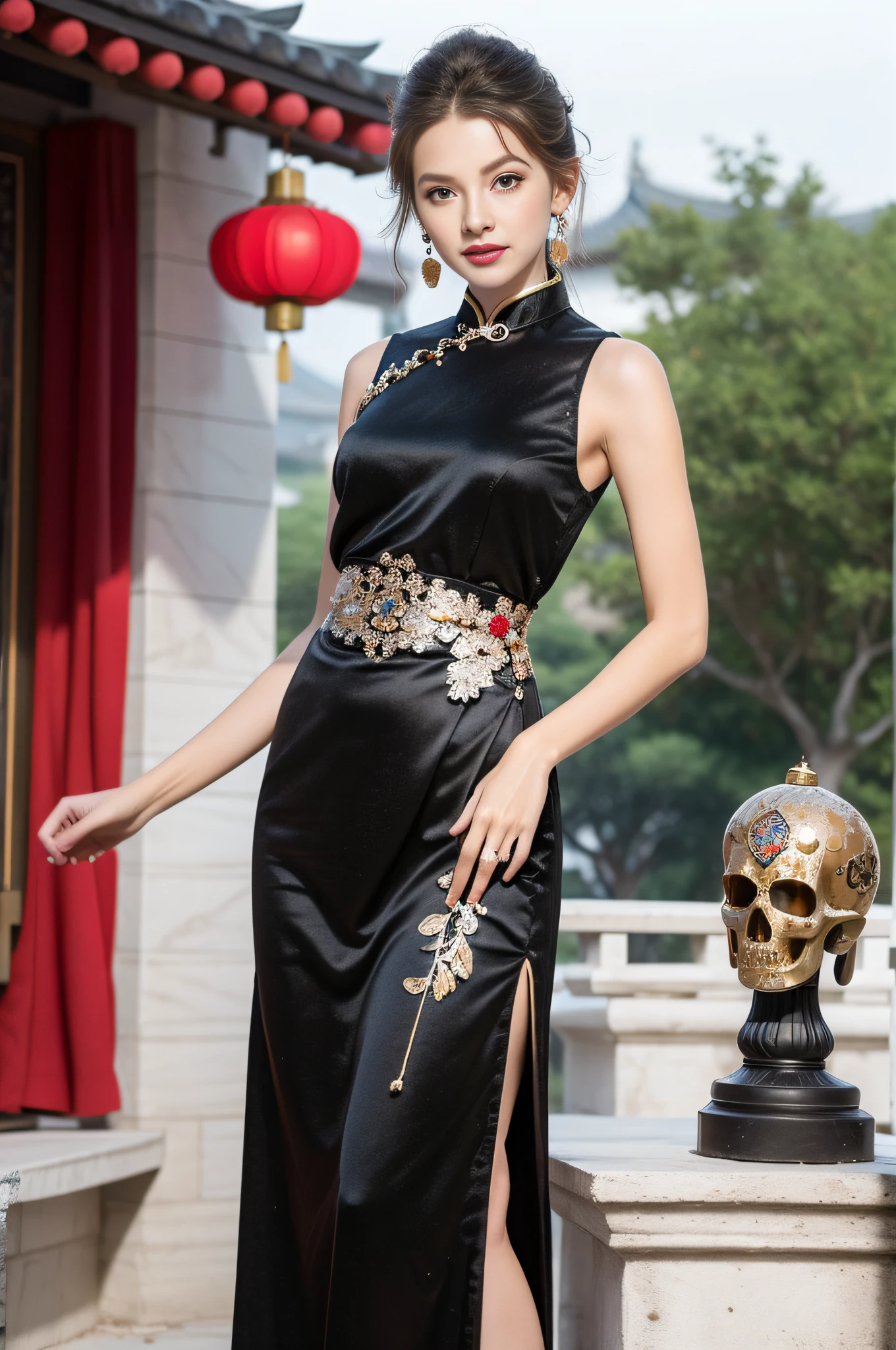 A young girl,Very detailed CG unity 8k wallpaper,(杰作),(best qualitiy),(Ultra detailded),(ultra realistis),Wearing a crystal headdress on a water-patterned bead curtain,wearing a red cheongsam,The clothes are fluttering,The waist-hip part ratio is 0.8,Beautiful and decent,Paired with the charm of Chinese architecture in the background,It looks particularly calm and dignified。