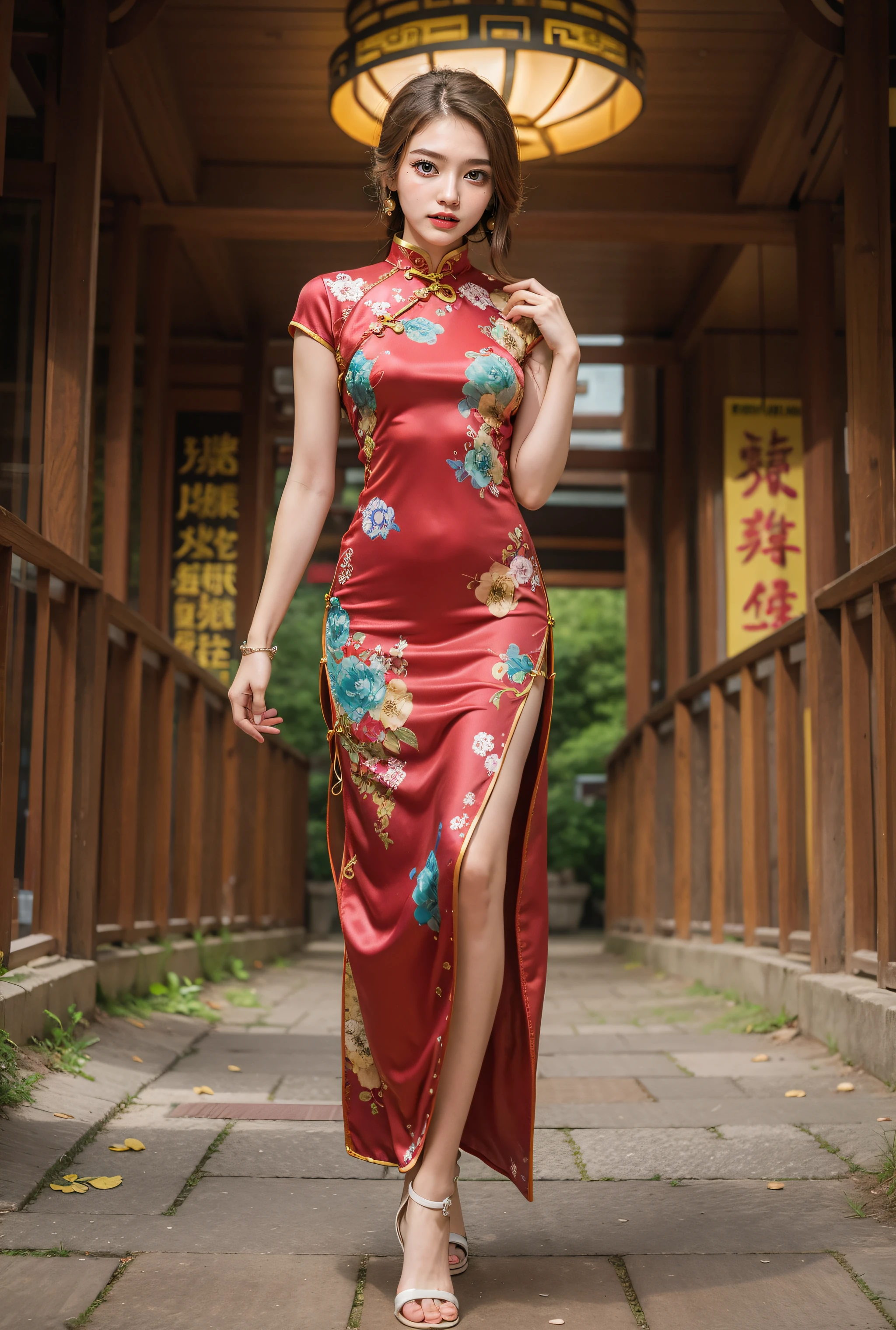 A young girl，Very detailed CG unity 8k wallpaper，（杰作），（best qualitiy），（Ultra detailded），（ultra realistis）,Wearing a crystal headdress on a water-patterned bead curtain，wearing a red cheongsam，The clothes are fluttering，The waist-hip part ratio is 0.8，Beautiful and decent，Paired with the charm of Chinese architecture in the background，It looks particularly calm and dignified。