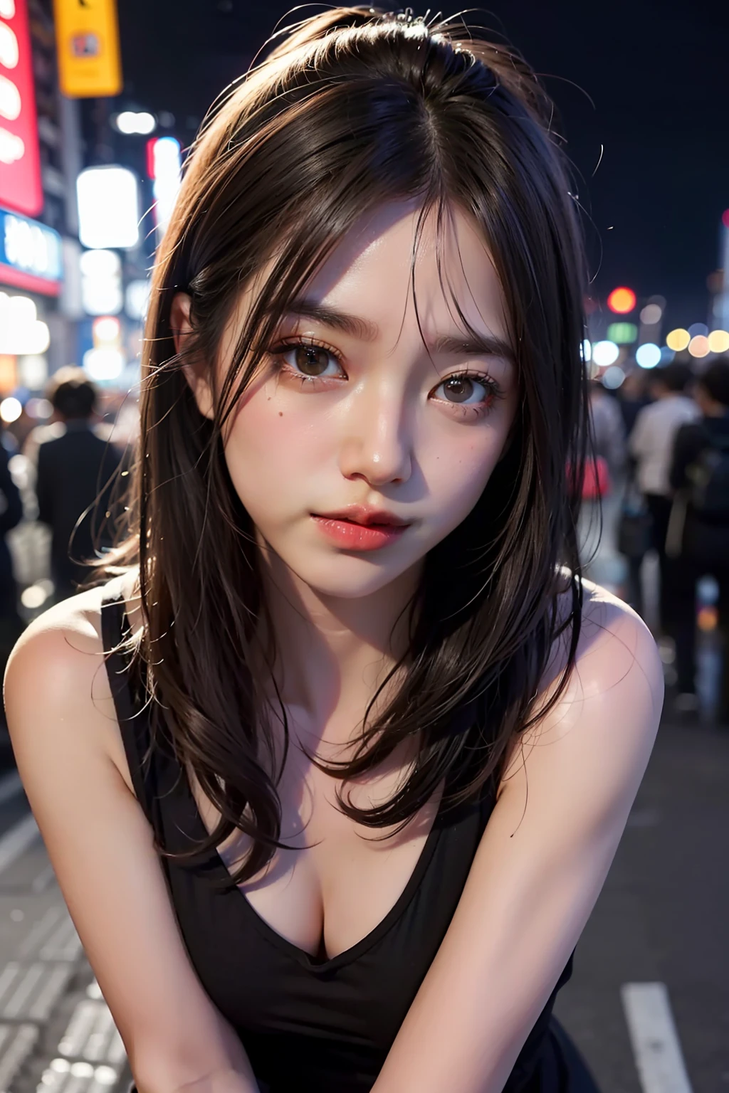 1girl、Streets of Tokyo、night、street scenery、city light、Haut du corps、close up front、8k、RAW Photography、beste Quality、巨作、Realstic、photorealestic、OL Night