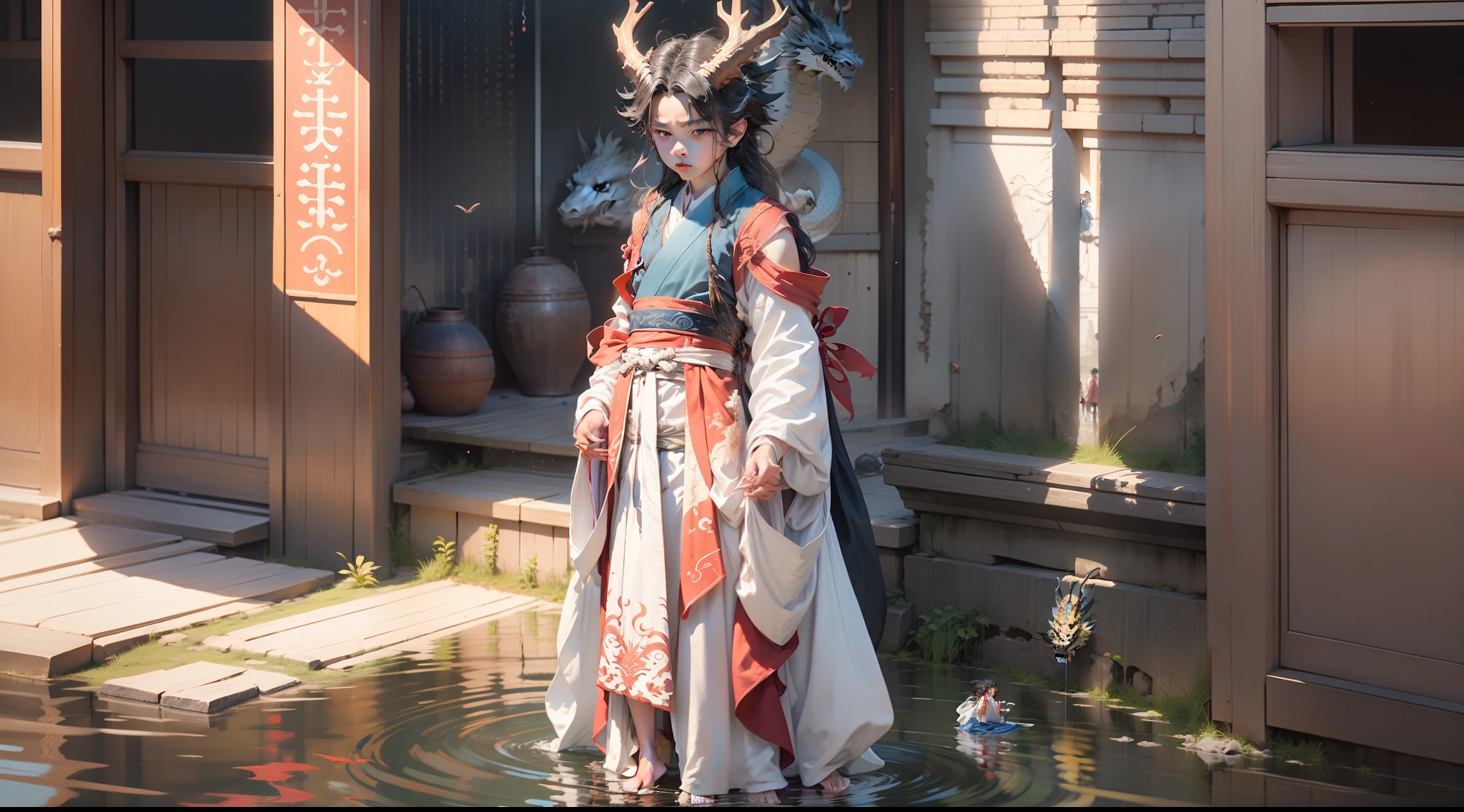 A young boy with Chinese dragon horns,Human faces,Blue-white pupils,Dressed in gorgeous Hanfu,Pinch your hands,Standing barefoot on the waves