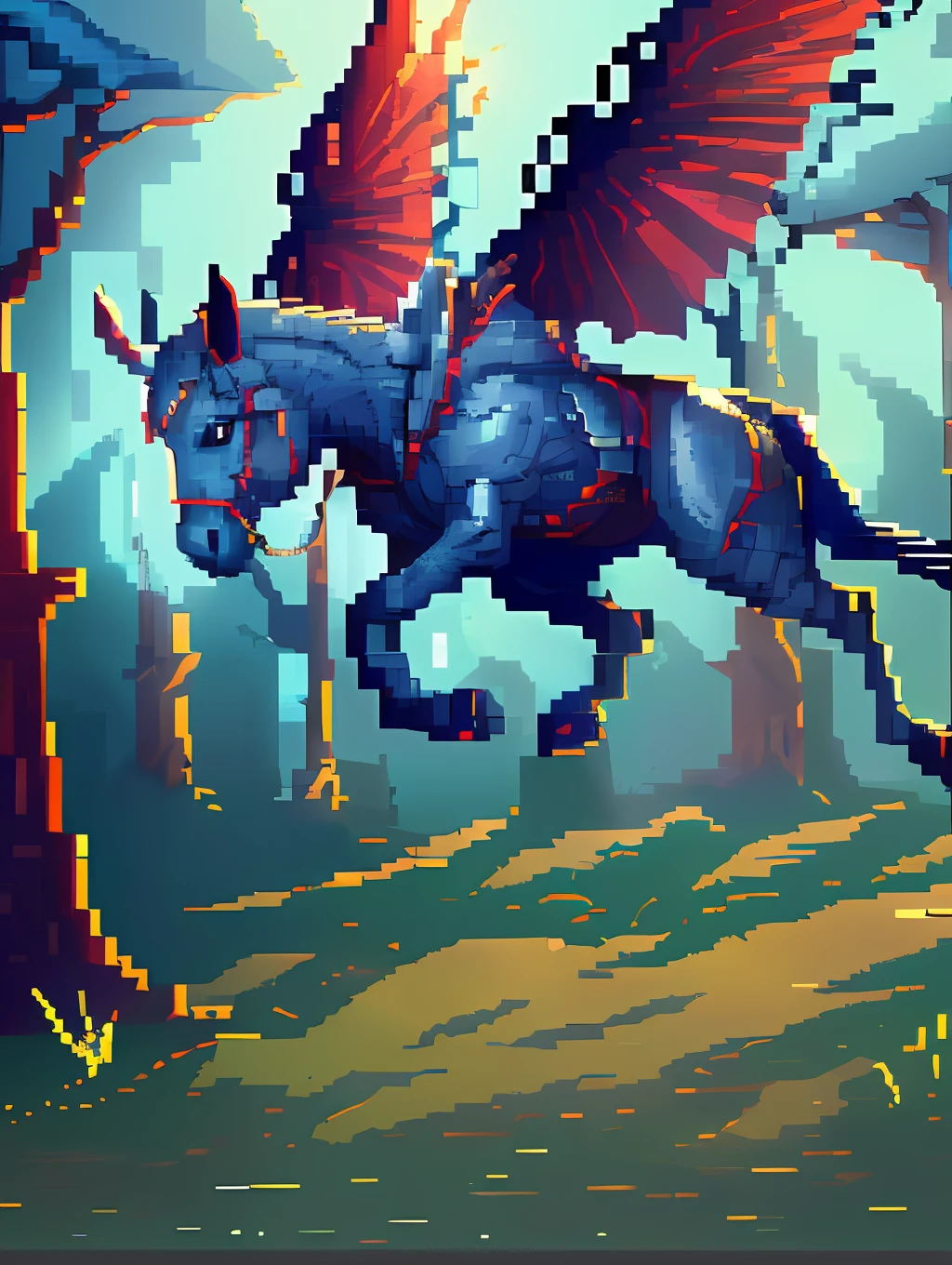 pixel art, game scenes, night, full moon, forest, flying, grass, huge humanoid monster with horse face, demonic wings, full of armor, floating in the air. 4bitscene, oil painting style, the picture is full of tension and shock. Ugly, Devil's Wings, Head Bowed, In Flight, Grass, Leaves Mysterious, Dark, Cinematic