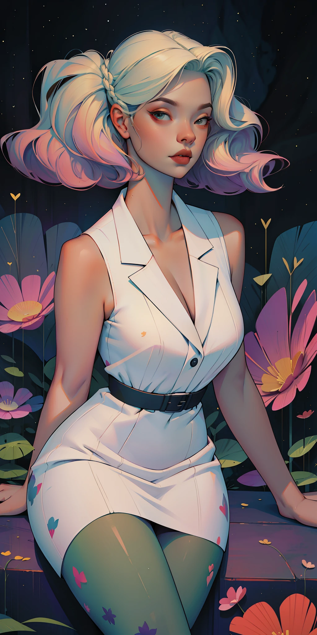 A glorious sunrise,Stars, heart, Spectrum Rainbow, Background, in chic lavender white mint hair, pastel, mixed-language_SMS, (beautiful and clear background:1.2),, fantastic paintings , High detail eye lace, Long pigtails, braid, cosmos, galaxy, Long Hair, cool hairstyle, Plant flora, Loving, Love, ultra detailed hair, Best Quality, hig quality, high-resolution, detail enhancement, ((most beautiful image in the world)), Masterpiece, Best Quality, High Quality Detail Enhancement, ((most beautiful image ), Shiny hair, ultra chic dress print, Stampa Flores, tights in a mesh,, art by stjepan sejic, art by j scott campbell, art by guillem march, art by citemer liu, 4k, high-resolution, comic book character, comic, high quality detailed, style of ::2.0 comix illustration style,tatoon style, hig quality, high-resolution, detail enhancement, 8K, HD, Best Quality, hig quality, high-resolution, detail enhancement, 8K, HDR, Sharp focus, Ultra Detailed, Perfect lighting, Curvy Body, Lush breasts, Curvy hips, Sits
