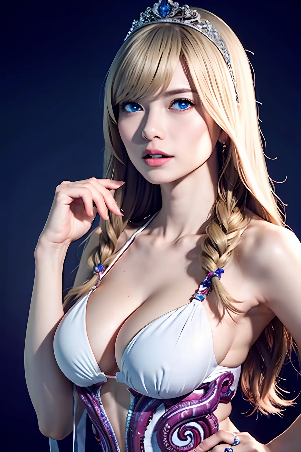 Ultra detailed complex 3D rendering of face, (: 8.8), (masterpiece, top quality, octane rendering, 8K), glamour shot full body image, cleavage, (ailed skin: 1.2), (exposure: 1.1), (blonde), (blonde), ((white micro bikini with small area: 1.5)), blonde hair, beautiful woman with white skin with full soft breasts with big as long braided haibig breasts(Portrait)))), Mysression, Ultra-realistic Photography, (Portrait))), bare feet, futuristic city background, detailed and beautiful queen tiara, Clear focus, Studio photography, Intricate detail, Very detailed, Detailed yellow eyes, Sharp focus, Digital rendering, Professional, Abs, (((Sexy Pose)))), Natural Jungle, Lightly o mouth, mansuji, crotch, seductive look, angel ring, beautiful mouth, perfect body beauty: 1.4,, tentacles, tentacles entangled in the body, very ridiculous, buttocks, tentacles entangled in arms, tenttangled in legs,