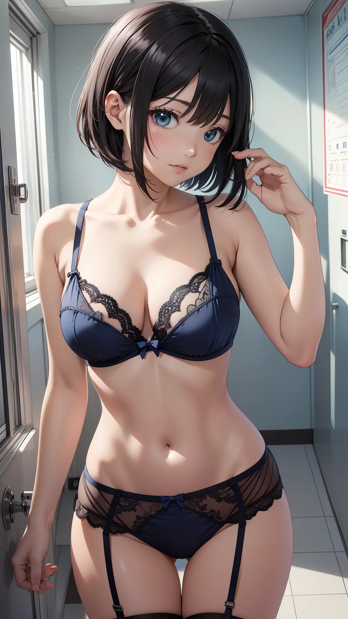 highschool girl　Short black hair　Changing clothes　school room　Blue Lingerie　perfect anime illustration　1girl