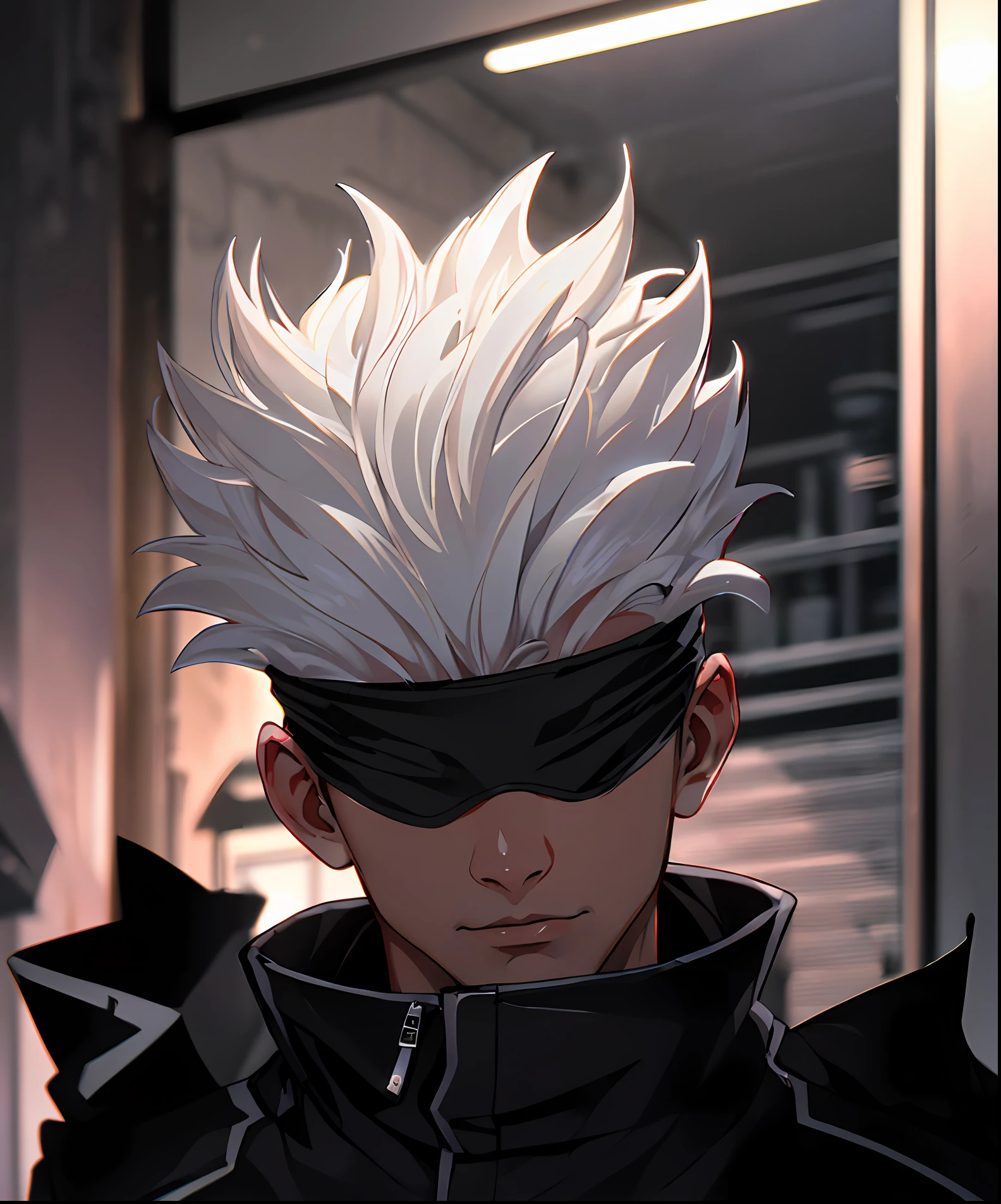 (absurdres, highres, ultra detailed, HDR), masterpiece, best quality, 1man, solo, handsome, short hair, white hair, black blindfold, black jacket, gojo,