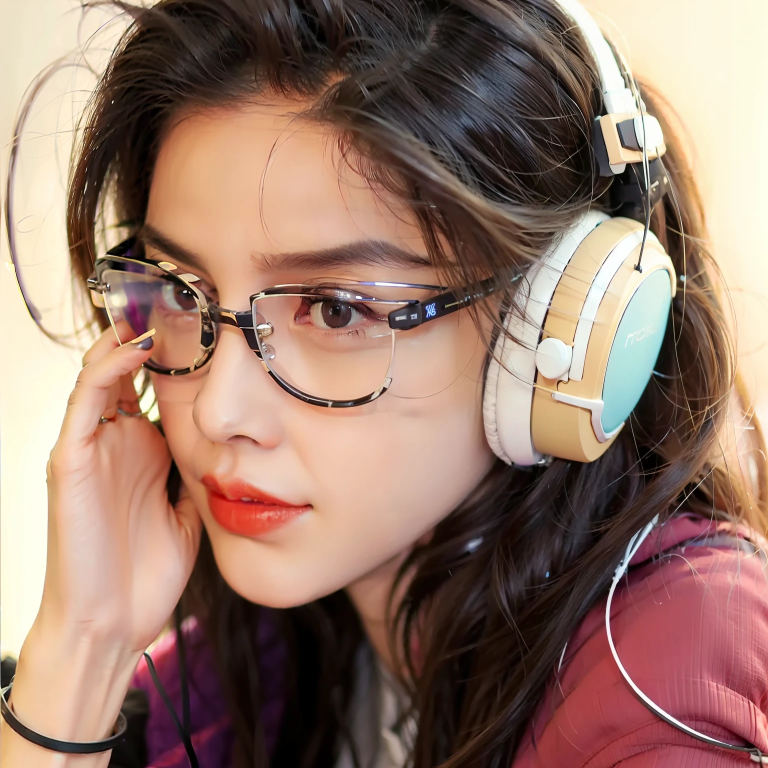 there is a woman wearing headphones and a pair of glasses, wearing thin large round glasses, with head phones, with head phones, wearing cat ear headphones, thick - rimmed glasses, thick round spectacles, thick glasses, With glasses, wearing a gaming headset, Urzan, wearing modern headphone, very low quality, Girl wearing headphones, wearing small round glasses, wearing headphone