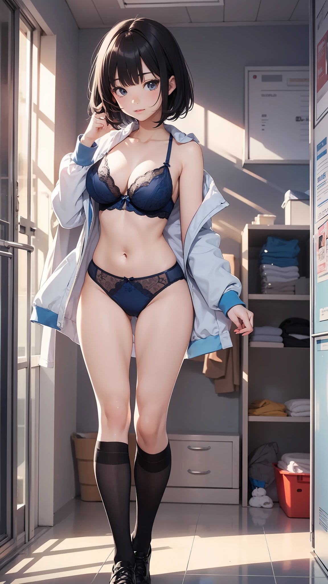 highschool girl Short black hair Changing clothes school room Blue Lingerie perfect anime illustration 1girl