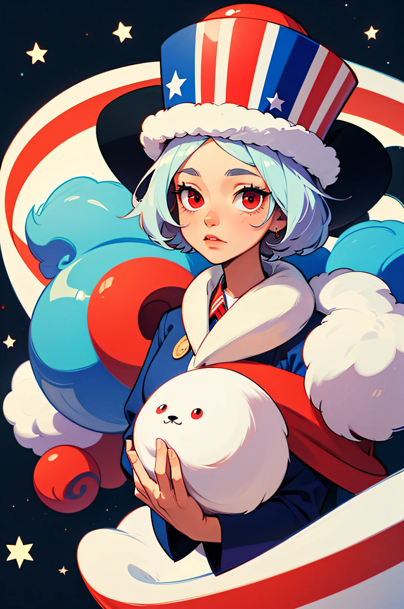 Fluffy cute ball that is Uncle Sam, white top hat with stars, blue fluff, red eyes, for America!, masterpiece, best quality, ((In Spiritual Art style))