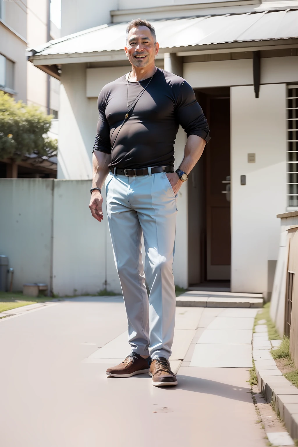 50-year-old man, japones, calvo, gordo, brown shirt, yellow trousers, zapatos blancos, sonriendo, --auto