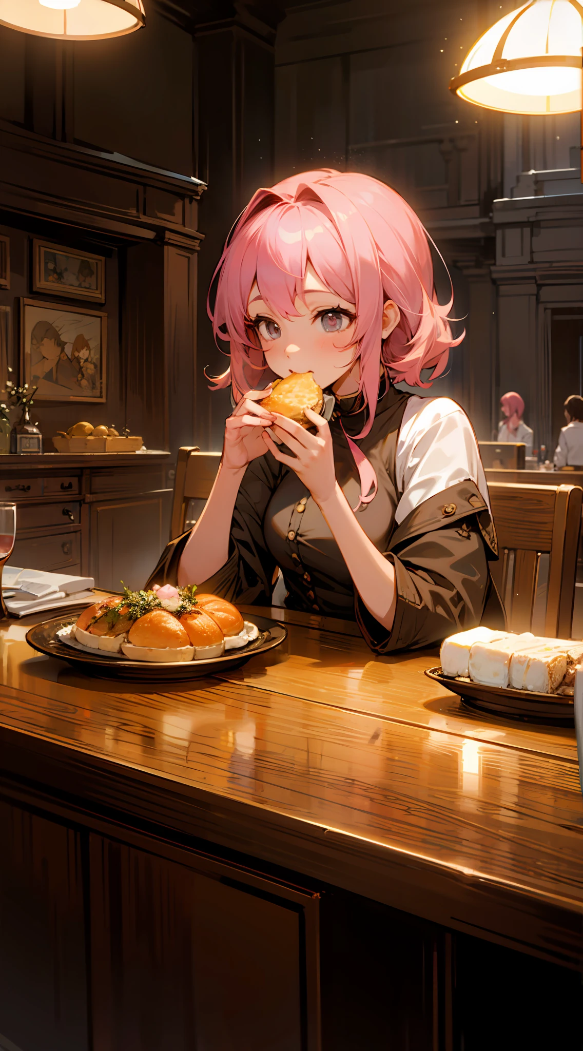 Beautiful woman with pink hair eating at table、brightly lit room、