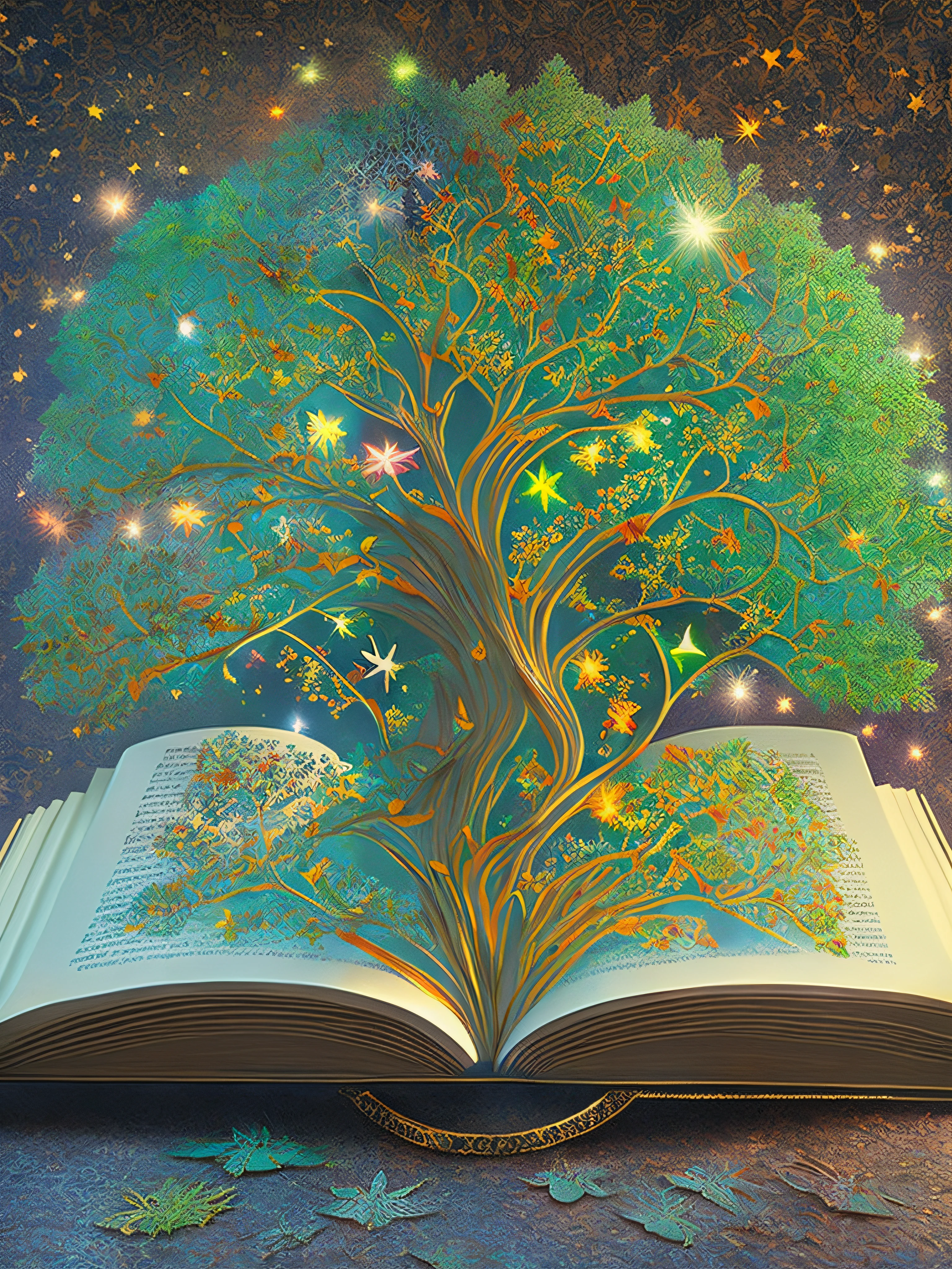 There is a book on the table, (there is a tree in the book: 2), magic tree, butterfly, flash, stars, shooting stars, magic book, magic tree, very magical and dreamy, magical and mysterious, fantasy book, fantasy tree, cosmic tree of life, magical ingredients, magical background, enchanting magical fantasy forest, wonderful and detailed, tree of life, magic notes, great magic tree