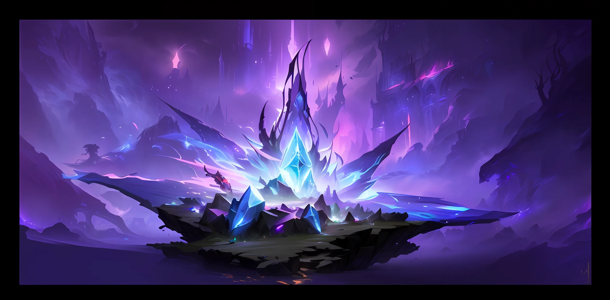 There is a very large gemstone,There is a lot of blue and purple light, concept art magical highlight, Dota 2 concept art, League of Legends concept art, Riot Games concept art, luminescent concept art, arcane concept art, painted as a game concept art, spirit fantasy concept art, concept arts, archillect concept art, matte painting arcane dota pixar