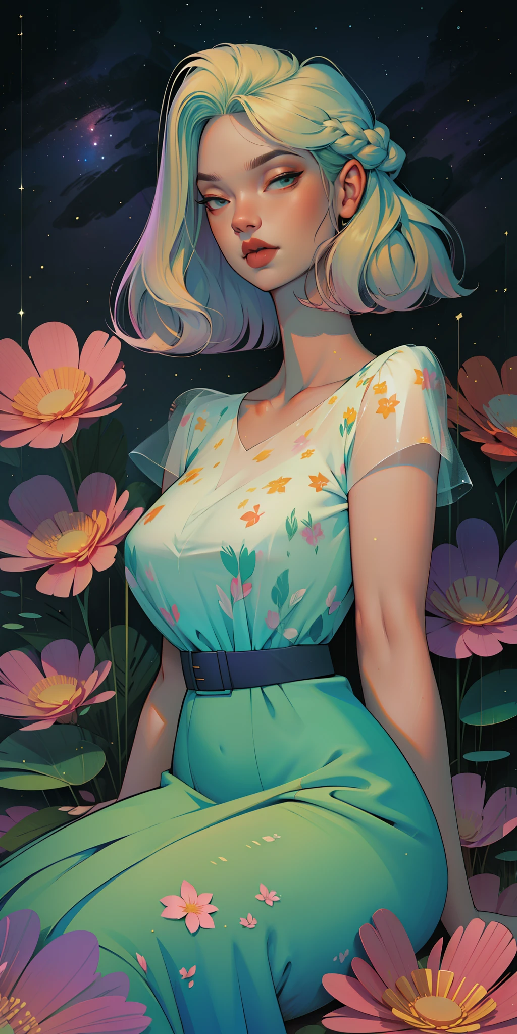 A glorious sunrise,Stars, heart,  Spectrum Rainbow, Background, in chic lavender white mint hair,  pastel, mixed-language_SMS, (beautiful and clear background:1.2),, fantastic paintings , High detail eye lace, Long pigtails, braid,  cosmos, galaxy, Long Hair, cool hairstyle, Plant flora,  Loving, Love, ultra detailed hair, Best Quality, hig quality, high-resolution, detail enhancement, ((most beautiful image in the world)), Masterpiece, Best Quality, High Quality Detail Enhancement, ((most beautiful image ), Shiny hair, ultra chic dress print, Stampa Flores,  tights in a mesh,,  art by stjepan sejic, art by j scott campbell, art by guillem march, art by citemer liu, 4k, high-resolution, comic book character, comic, high quality detailed,   style of ::2.0 comix illustration style,tatoon style, hig quality, high-resolution, detail enhancement, 8K, HD, Best Quality, hig quality, high-resolution, detail enhancement, 8K, HDR, Sharp focus, Ultra Detailed, Perfect lighting, Curvy Body, Lush breasts, Curvy hips, Sits