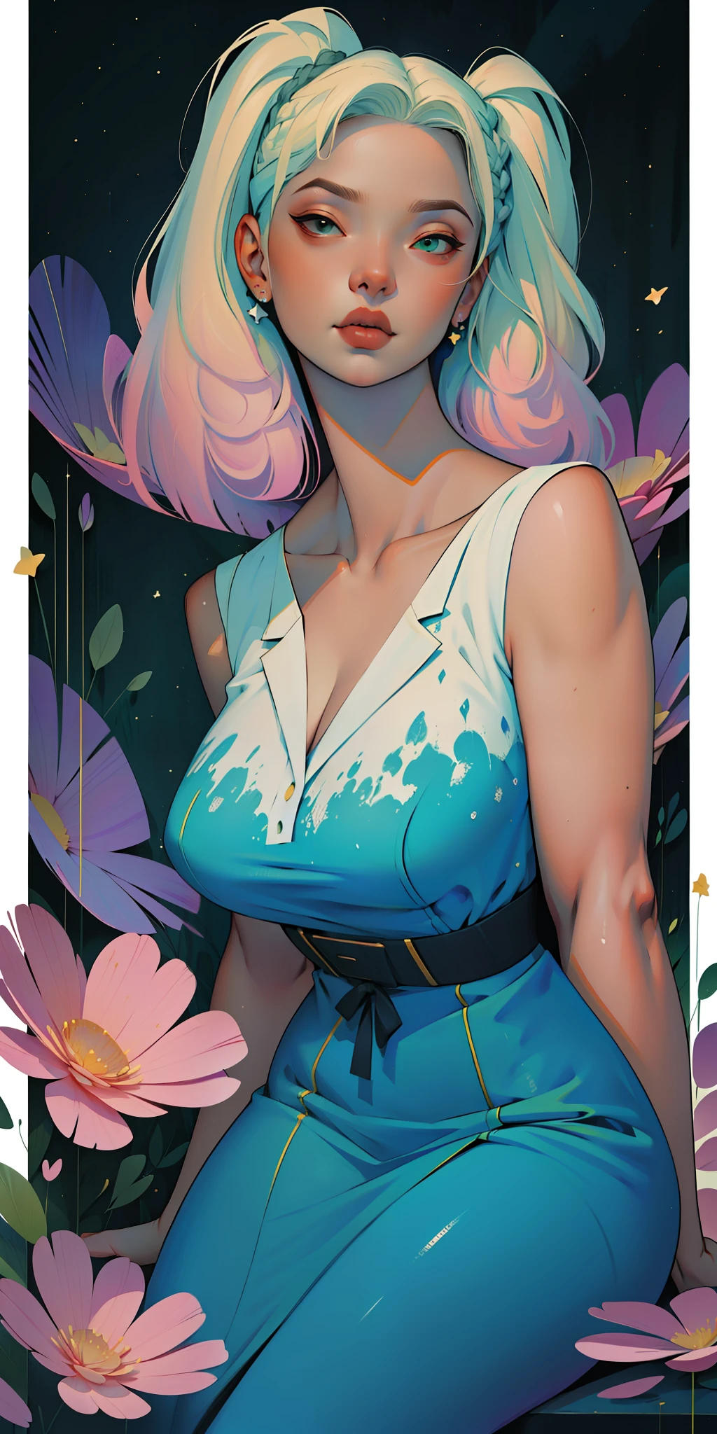 A glorious sunrise,Stars, heart, Spectrum Rainbow, Background, in chic lavender white mint hair, pastel, mixed-language_SMS, (beautiful and clear background:1.2),, fantastic paintings , High detail eye lace, Long pigtails, braid, cosmos, galaxy, Long Hair, cool hairstyle, Plant flora, Loving, Love, ultra detailed hair, Best Quality, hig quality, high-resolution, detail enhancement, ((most beautiful image in the world)), Masterpiece, Best Quality, High Quality Detail Enhancement, ((most beautiful image ), Shiny hair, ultra chic dress print, Stampa Flores, tights in a mesh,, art by stjepan sejic, art by j scott campbell, art by guillem march, art by citemer liu, 4k, high-resolution, comic book character, comic, high quality detailed, style of ::2.0 comix illustration style,tatoon style, hig quality, high-resolution, detail enhancement, 8K, HD, Best Quality, hig quality, high-resolution, detail enhancement, 8K, HDR, Sharp focus, Ultra Detailed, Perfect lighting, Curvy Body, Lush breasts, Curvy hips, Sits