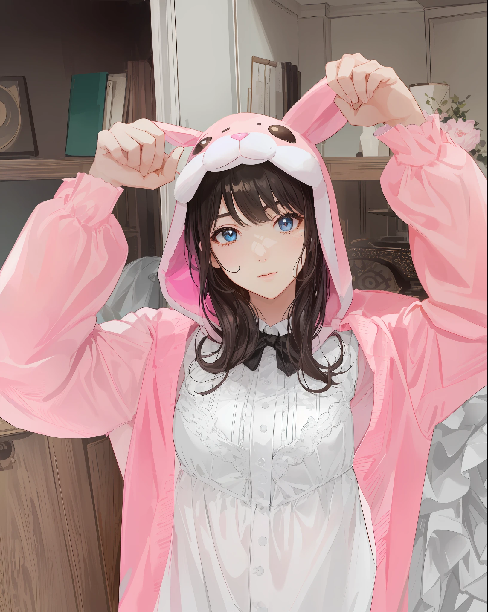 absurdist、(巨作、beste Quality、extremely detailed CG、Beautiful detailed eyes、Ultra detailded、highly resolution、Complicated details:1.3)、8k壁紙、(elaborate features:1.2)、(1girls)、 (Lifelike texture:1.4), a Pretty, (brilliantly colored, dynamic lighting:1.2), (High Contrast:0.9), (Delicate strokes:1.3)、(shinny skin:1.1)、Animal Suits、I only show my face、wearing a pink rabbit costume, Bunny suit, Cute stuffed bunny girl,