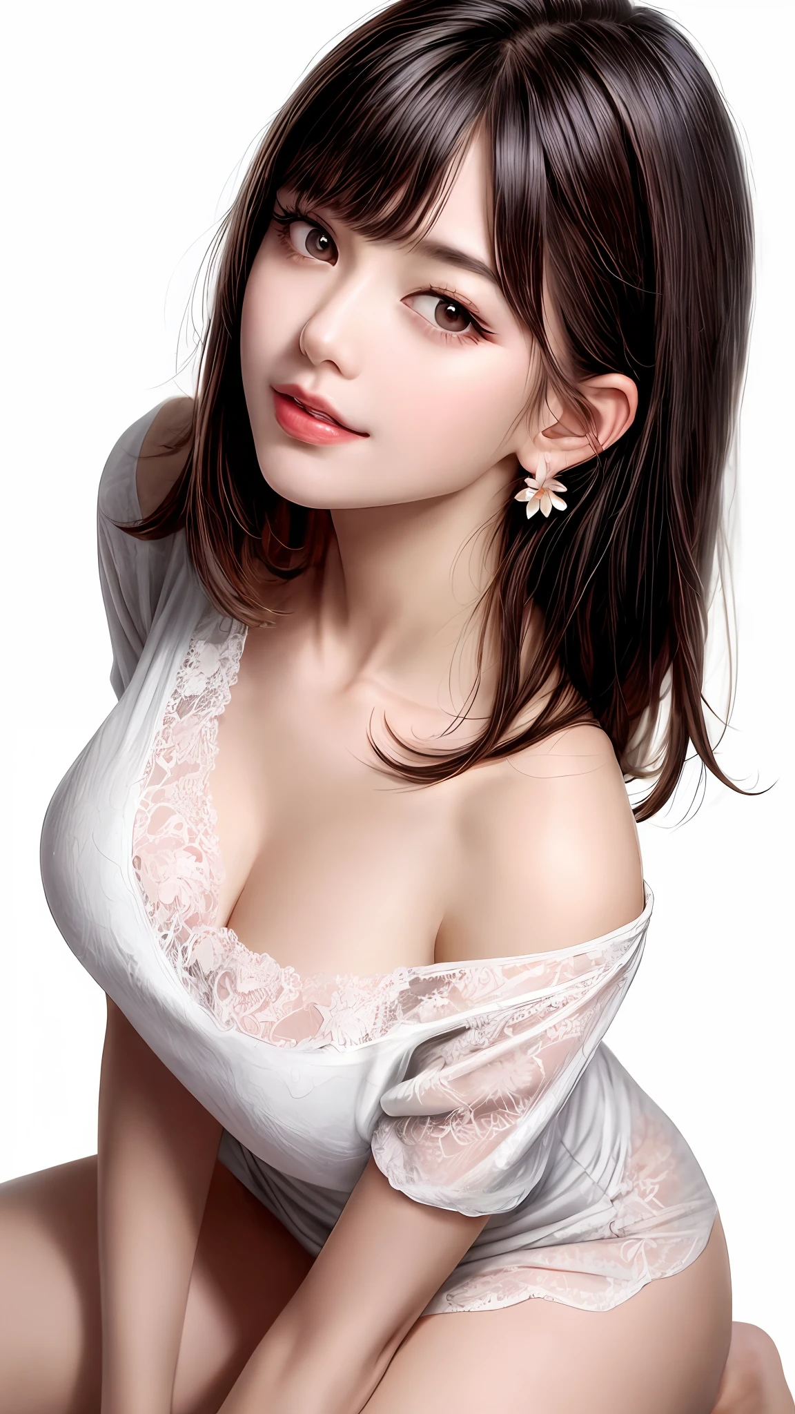 Pee (incontinence: 1.47), fashion trendy beautiful and attractive woman, gentle and attractive Chinese beautiful woman, Korean (kpop idol), delicate and sexy collarbone, attractive oval face, double eyelids, smart [peach] flower eyes, pink lips, small nose, bare shoulders, focus on face, [[face close-up], ultra high definition, super detail, White off-shoulder lace shirt, (((white lace panties), fresh and impressive, natural (large: 1.25), (kneel on the ground), (legs wide open), (legs spread), (from a low angle), (upright 1.5), (shiny skin: 1.4), (low angle)), perfect figure, areola, cleavage, armpit wrinkles, (floor urine)), (NSFW: 1.05), ( Showpiece, top quality, high precision)), one girl, (big, photorealistic: 1.4), (slightly above the camera, looking up at the camera, looking up, looking up at the camera, staring at the camera))), solo, solo, white background, snow-white background, mouth closed, happy smile, pretty black hair, short hair, big eyes, pronounced double eyelids, eyelashes, ears out, long neck, long neck, Absolute area, ((close-up of face, short hair with bangs)), 19 years old, attractive proportions, shiny skin, clean collarbone, golden ratio face, perfect face, teardrop mole, chest mole, bangs, clean bangs, beautiful bangs, lip gloss, thin lips, white skin, undressed, big breasts, small face, staring at the camera a little upwards, ((smiling a little at the camera, really nothing pure white background, very big, big big, big breasts)), ((((uniform, shirt))))