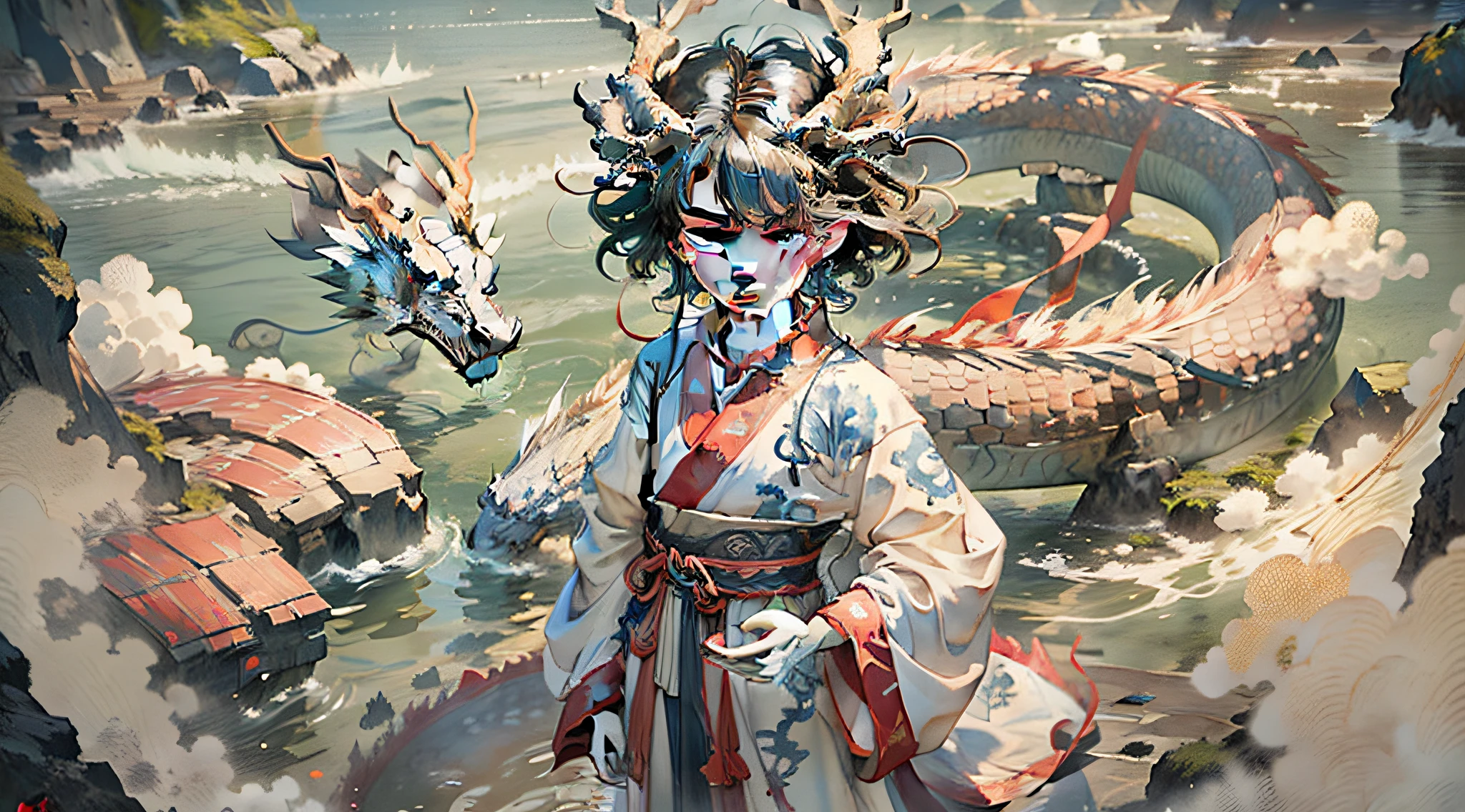 A young boy with Chinese dragon horns,Human faces,Blue-white pupils,Dressed in gorgeous Hanfu,Pinch your hands,Standing barefoot on the waves