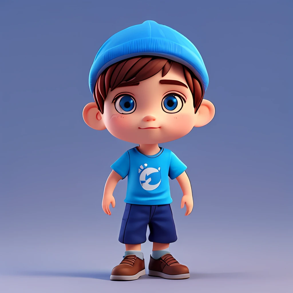 Cute small 22-years-old boy, huge head, shot hair , wearing blue hat, sticker t-shirt, highly detailed eyes,front-facing, fit, looks like a boss, full body view, highly detailed hands ,Toy figures,best quality, 3d cartoon,full body view, fantasy, dreamlike, surrealism, super cute, trending on artstation