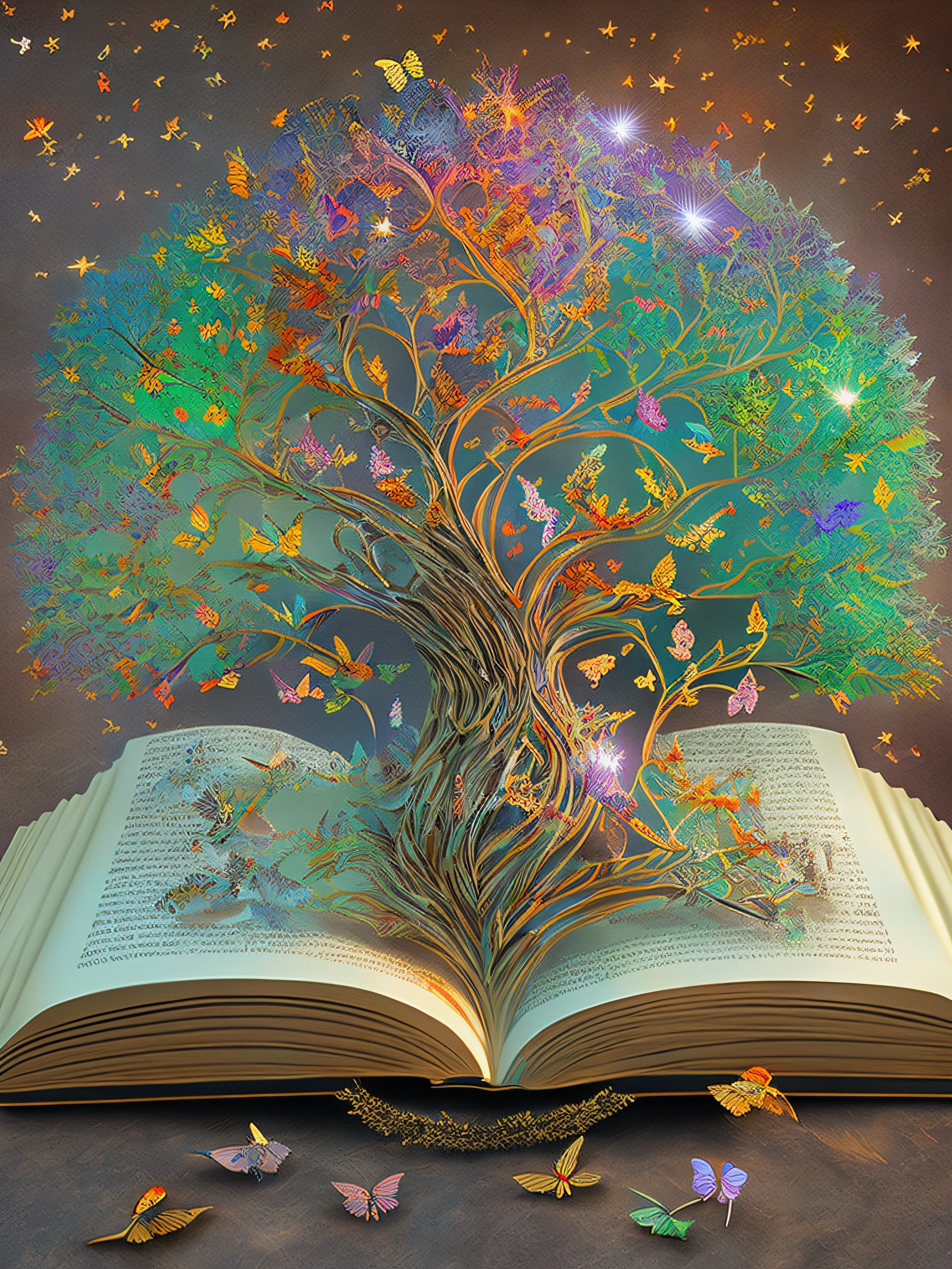 There is a book on the table, (There is a tree in the book: 2), Magic Tree, (Butterfly: 1.2), Flash, Stars, Shooting Star, Magic Book, Magic Tree, Very Magical and Dreamy, Magical and Mysterious, Fantasy Book, Fantasy Tree, Cosmic Life Tree, Magical Ingredients, Magical Background, Enchanting Magic Fantasy Forest, Wonderful and Detailed, Tree of Life, Magic Notes, Great Magic Tree