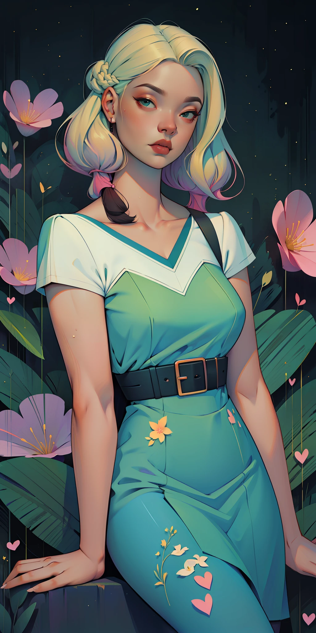 A glorious sunrise,Stars, heart, Spectrum Rainbow, Background, in chic lavender white mint hair, pastel, mixed-language_SMS, (beautiful and clear background:1.2),, fantastic paintings , High detail eye lace, Long pigtails, braid, cosmos, galaxy, Long Hair, cool hairstyle, Plant flora, Loving, Love, ultra detailed hair, Best Quality, hig quality, high-resolution, detail enhancement, ((most beautiful image in the world)), Masterpiece, Best Quality, High Quality Detail Enhancement, ((most beautiful image ), Shiny hair, ultra chic dress print, Stampa Flores, tights in a mesh,, art by stjepan sejic, art by j scott campbell, art by guillem march, art by citemer liu, 4k, high-resolution, comic book character, comic, high quality detailed, style of ::2.0 comix illustration style,tatoon style, hig quality, high-resolution, detail enhancement, 8K, HD, Best Quality, hig quality, high-resolution, detail enhancement, 8K, HDR, Sharp focus, Ultra Detailed, Perfect lighting, Curvy Body, Lush breasts, Curvy hips, Sits