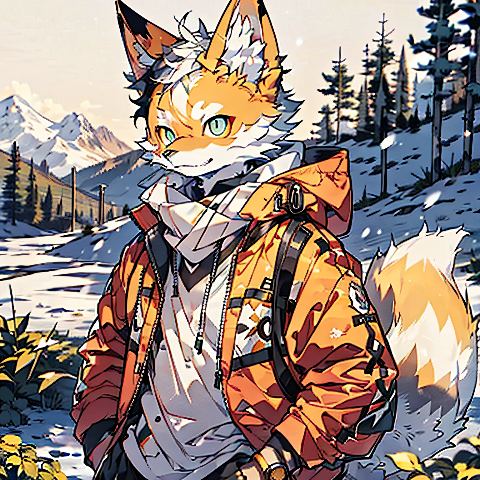 furry male white white flower fox bright pupil standing wearing yellow cotton jacket snow mountain sunset