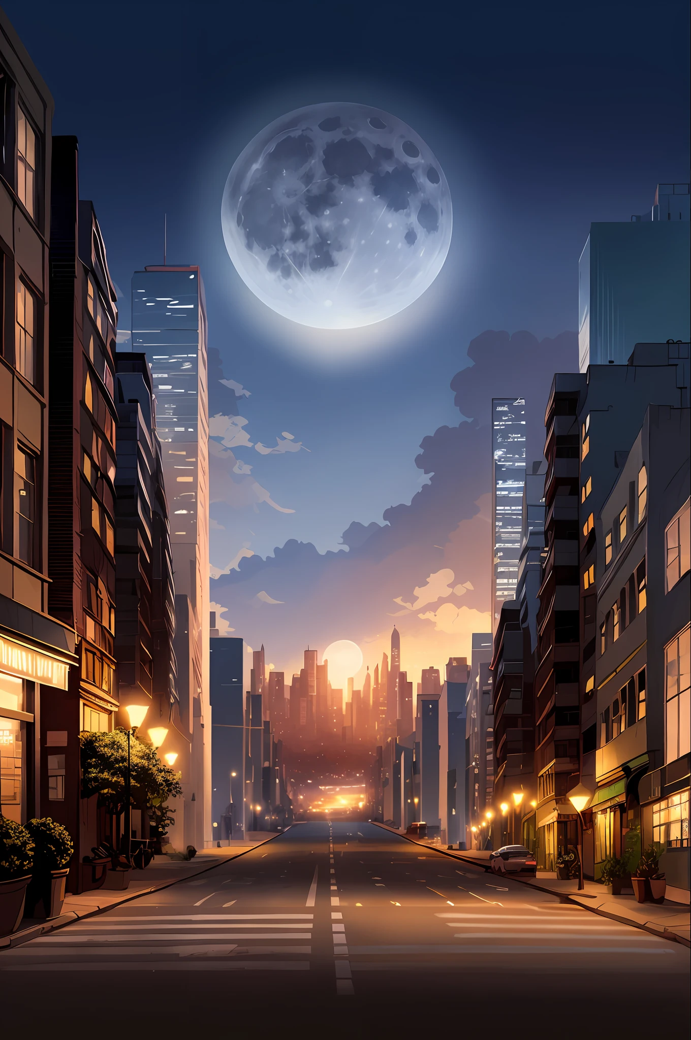 There is a city street,There is a full moon in the sky, city street on the moon, anime style cityscape, hd anime cityscape, Stylized urban fantasy artwork, beautiful cityscape, Surreal cityscape background, street moon landscape, fantasy cityscape, futuristic city street, night - time city background, night city in the background, city on the moon