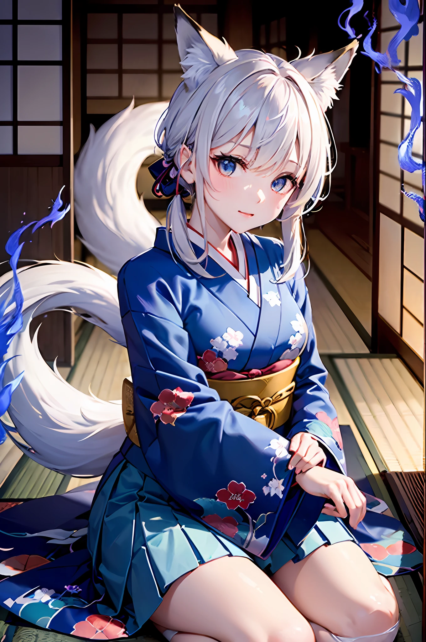 (巨作、beste Quality:1.2)、(impressionists:1.4)、(Engulfed in blue flames:1.6)、(kyoto、five-storied pagoda:1.6)、10 year old beautiful girl、shinny skin, absurdist, extremely detail、Best Shadows、Sharp focus、((１The fox tail of the book grows))、Beautiful silver hair、ponie tail、Deep green eyes、Fox ears、Red ribbon、Kimono with white floral pattern、Pleated miniskirt、thights、Medium breasts、