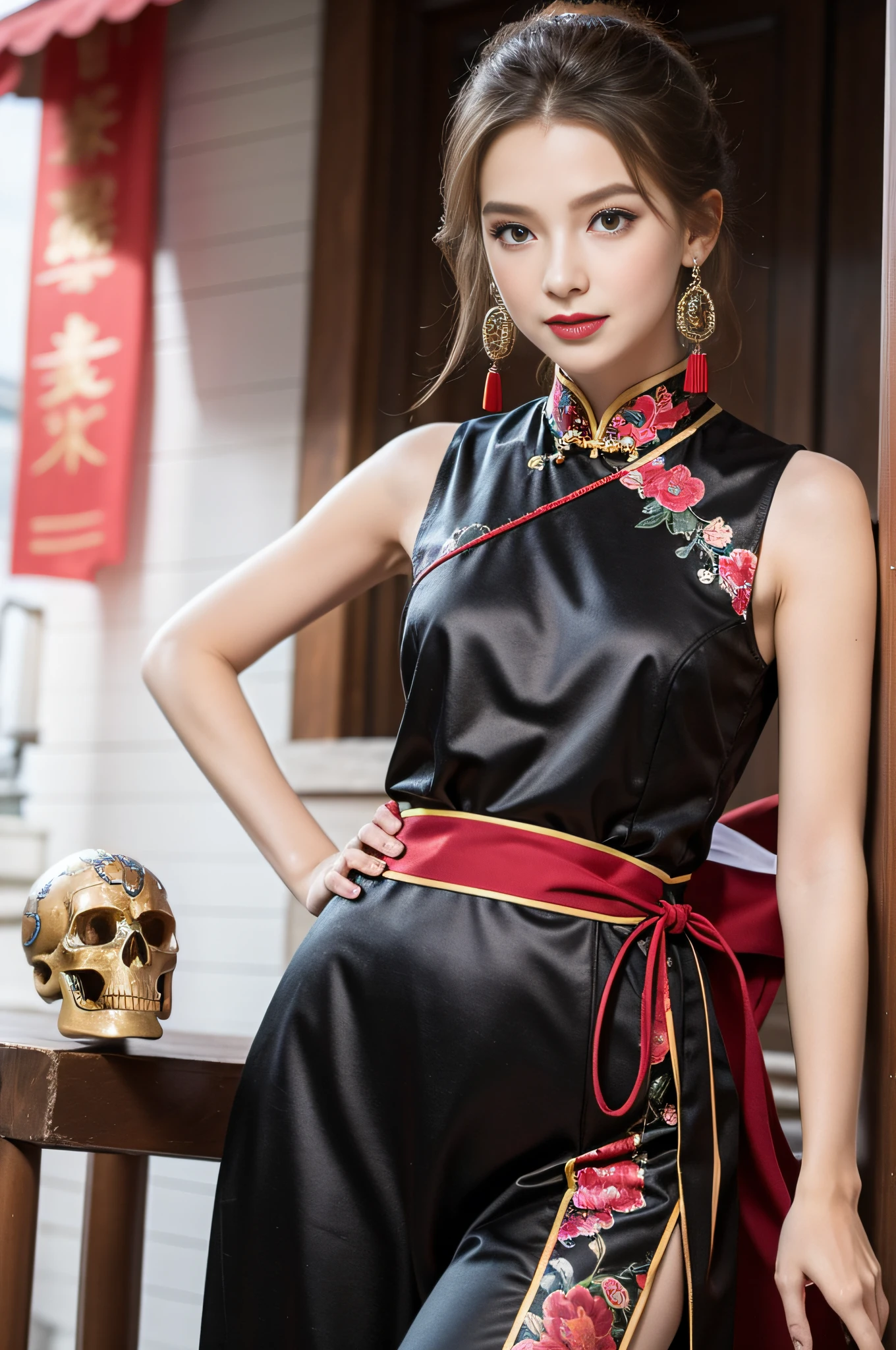 A young girl，Very detailed CG unity 8k wallpaper，（杰作），（best qualitiy），（Ultra detailded），（ultra realistis）,Wearing a crystal headdress on a water-patterned bead curtain，wearing a red cheongsam，The clothes are fluttering，The waist-hip part ratio is 0.8，Beautiful and decent，Paired with the charm of Chinese architecture in the background，It looks particularly calm and dignified。