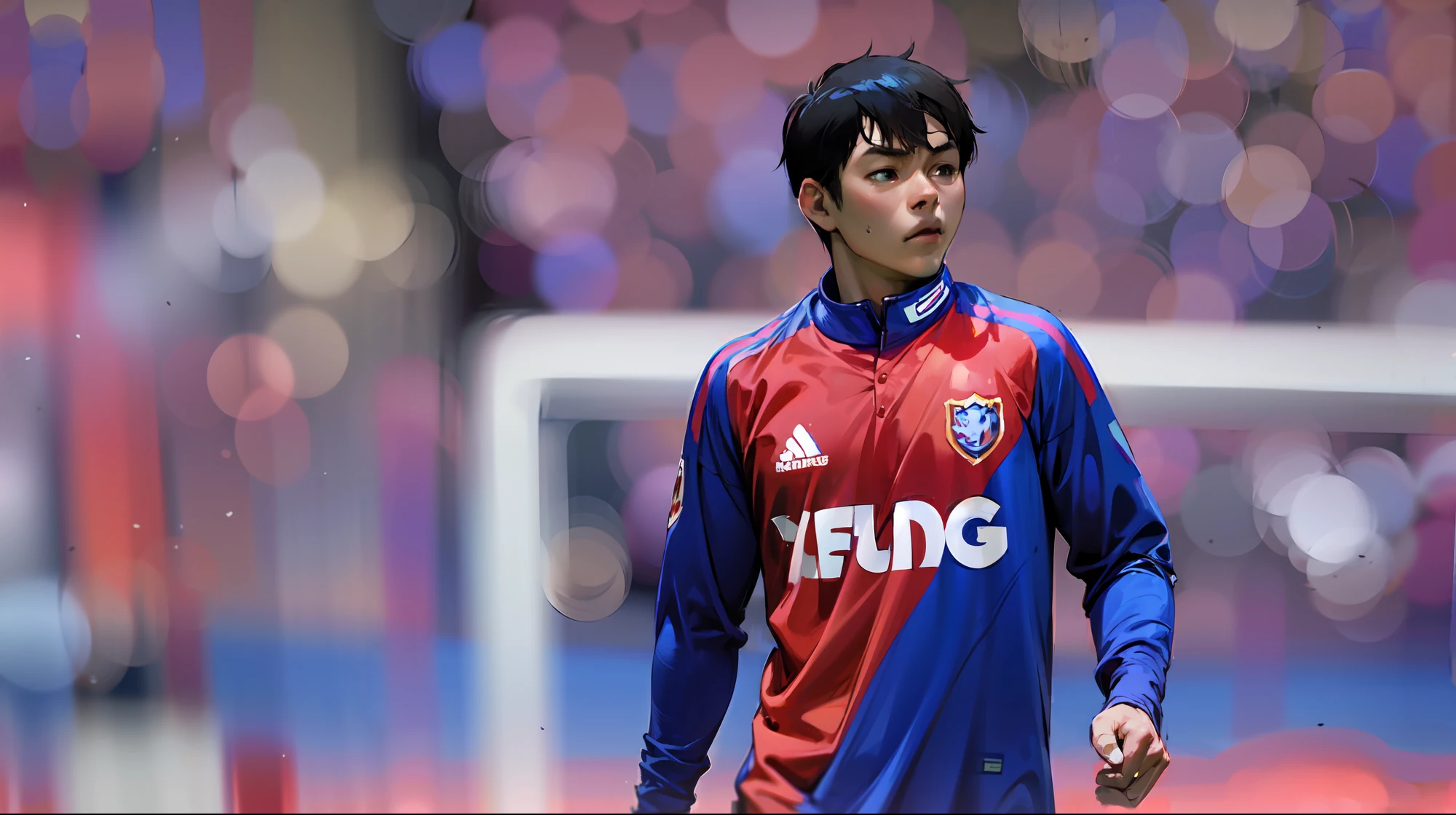 arafed soccer player in blue and red uniform on field, kimitake yoshioka, shin jeongho, norihiro yagi, keita morimoto, hayao myiazaki, yoshio awazu, quy ho, daisuke tsutsumi, shin hanga, masahiro ito, nico tanigawa, akira yoshizawa