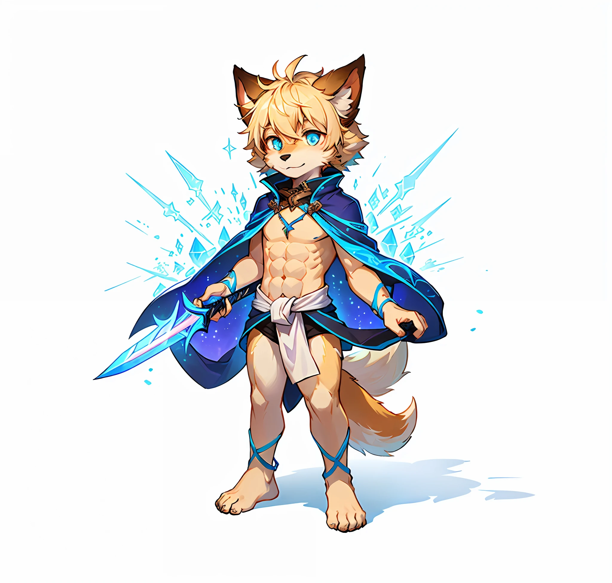 1 male furry， Dogs，coattails，Fantasy World，Shota， FULL-BODY PHOTO， Thin body，Reveals strong abs，Neon City， Clean design，At your feet is a magic array，A sharp sword hangs from his waist,