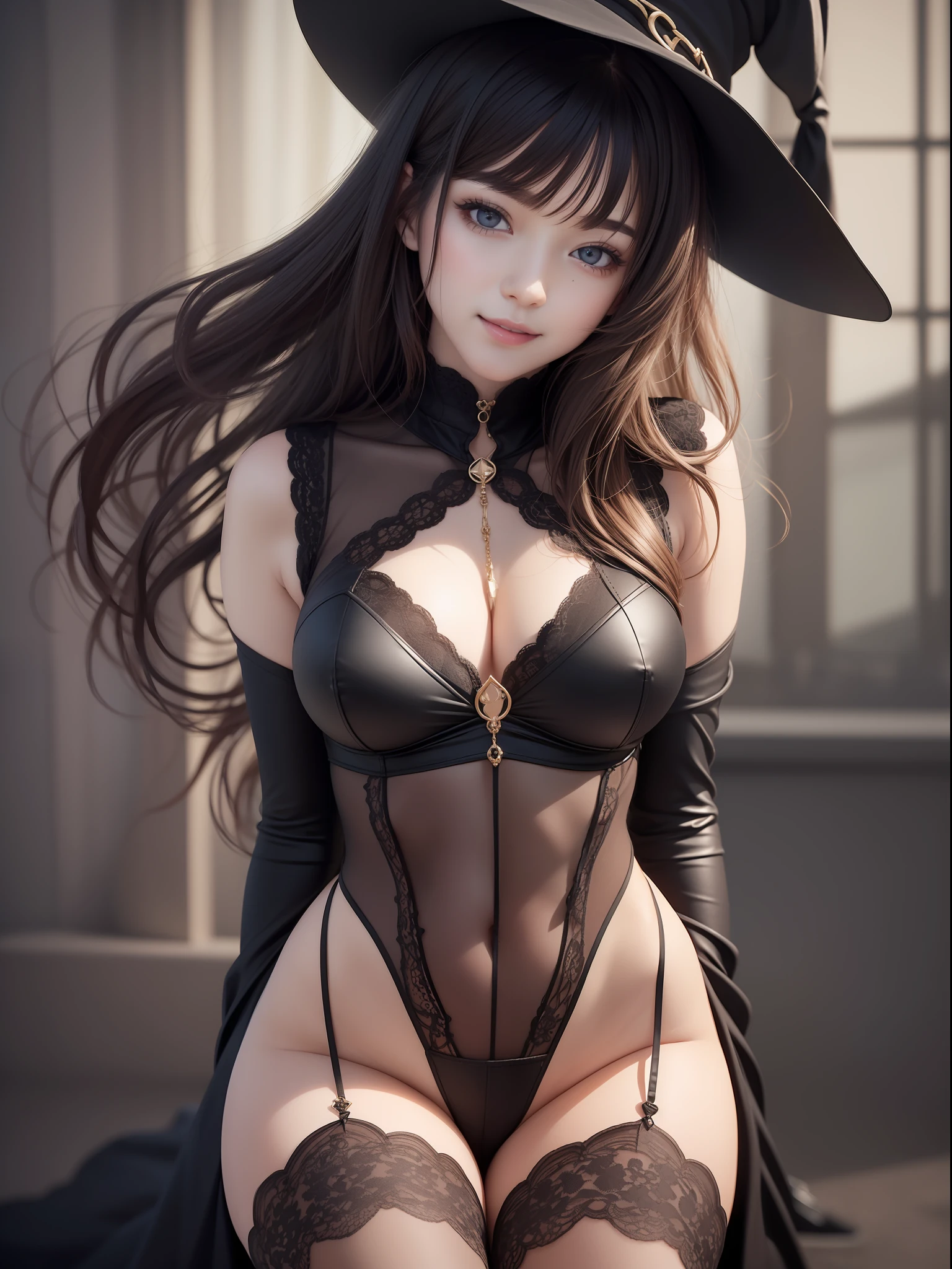 masterece-piece, best qualitiy, (((Realstic 、photorealestic:1.37))), ((Solo)), 8K image quality, Extremely delicate and beautiful, splendid, Official art with attention to detail, Ridiculous, Unbelievably ridiculous, huge filesize, Ultra detailded, extremely detail, (Pretty girl), (detailed girl), highly detailed eyes and faces, Beautiful detailed eyes, Light makeup,, (Perfect female figure), a large breast, Slim waist, big buttock, (Korean beauty), ((a whole body)), With bangs, Feminine look, Smile with, (18 yrs old), the witch, Black hat, Black costume, Black shoes,