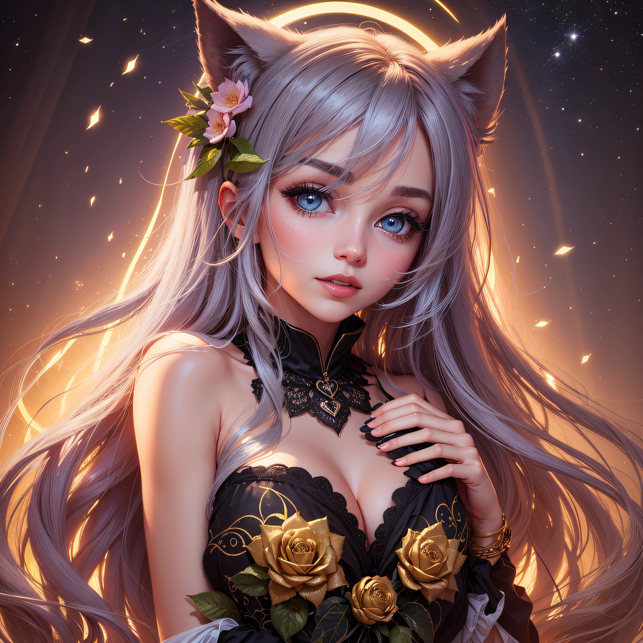 Beauty, long hair and waist, silver hair, graceful curves, dress frills, embroidery, print, flat sleeves, lace, late night, blue night, forest, tall old tree, jungle, white wolf, blue glowing little flower, moon, starry sky, glowing butterfly, glowing firefly, dreamy, mysterious --auto