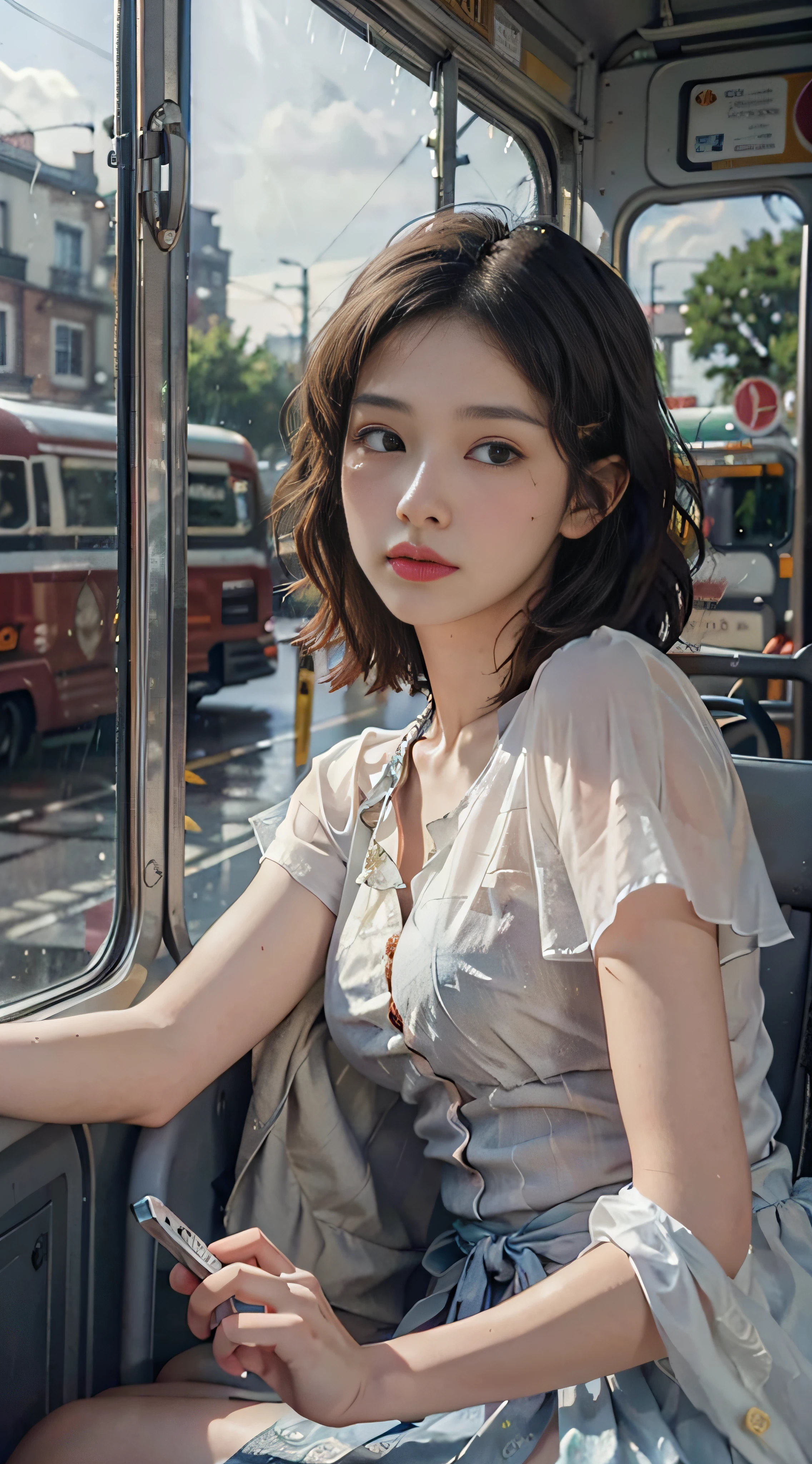 (from the outside) the best quality, masterpieces, realistic photos, intricate details, original photos, off work, home, on the way, on the bus, it's raining outside,