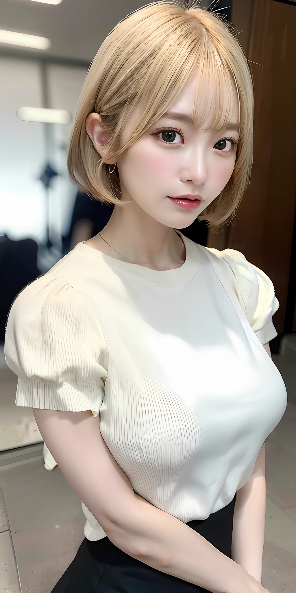 1girl, office lady, short jean, white t-shirt, white hair, short hair