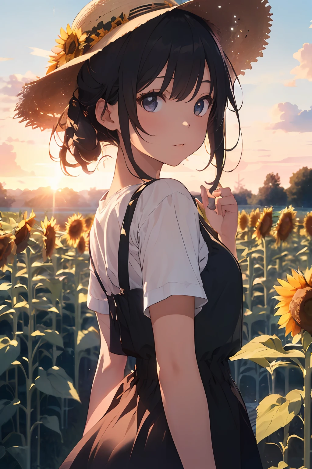o((Girl in straw hat looking back in a field of sunflowers)), (backlight), (best illumination, best shadow, an extremely delicate and beautiful), Girl on the center axis of the picture, small breasts, ((Sunflowers with the ultimate in detail)), beautiful detailed sky, Perfect body, (beautiful detailed face), extremely delicate and beautiful girls, Sunflower fields at sunset, sunset, black hair, beautiful detailed cloud, (((extremely detailed CG unity 8k wallpaper, masterpiece, best quality, ultra-detailed))), dynamic angle, floating, finely detail, (bloom), (shine), glinting stars, feather,nature,(sunlight), fairyland, (((The character is in the center of the frame)))