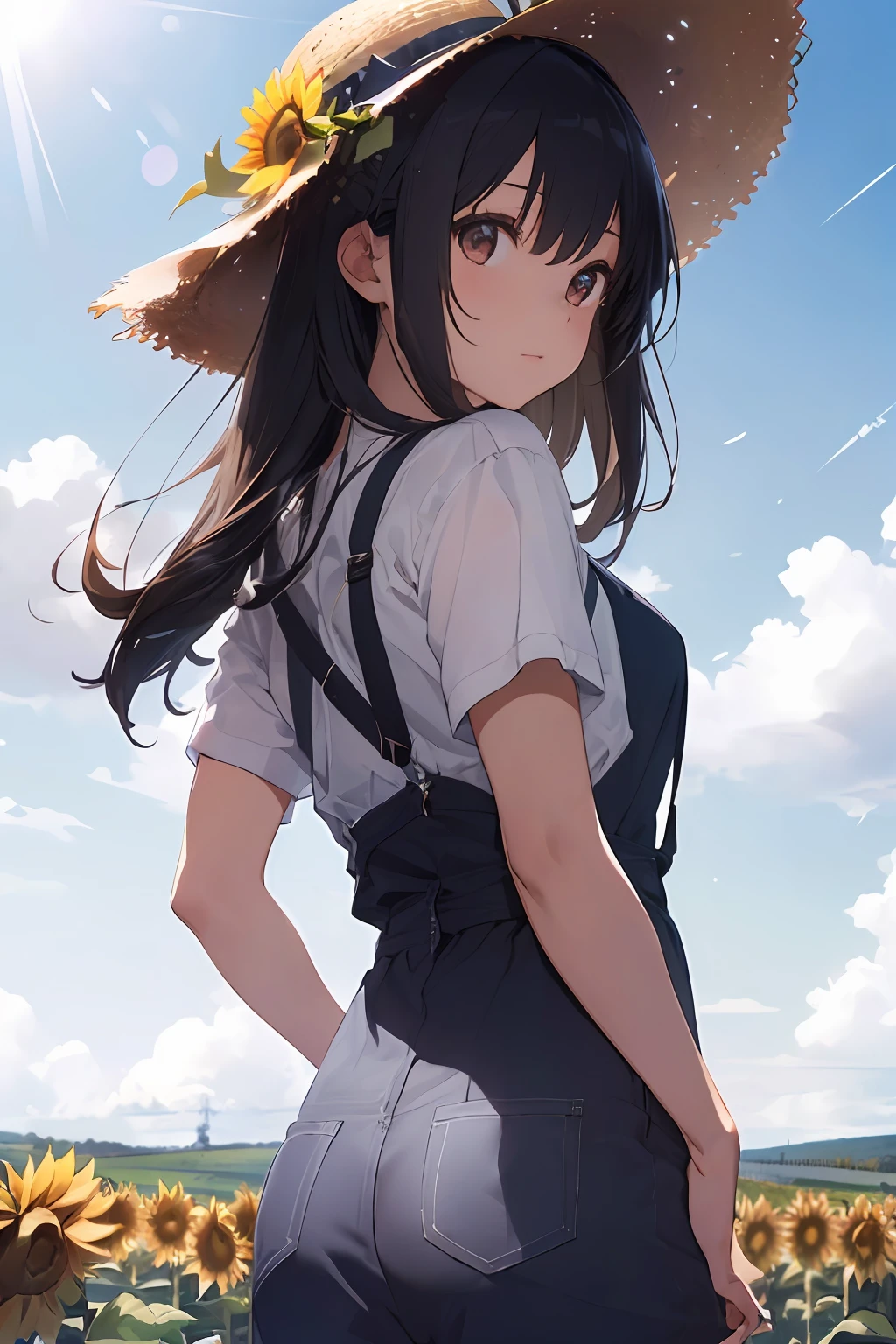 o((Girl in straw hat looking back in a field of sunflowers)), (backlight), (best illumination, best shadow, an extremely delicate and beautiful), Girl on the center axis of the picture, small breasts, ((Sunflowers with the ultimate in detail)), beautiful detailed sky, Perfect body, (beautiful detailed face), extremely delicate and beautiful girls, Sunflower fields at sunset, sunset, black hair, beautiful detailed cloud, (((extremely detailed CG unity 8k wallpaper, masterpiece, best quality, ultra-detailed))), dynamic angle, floating, finely detail, (bloom), (shine), glinting stars, feather,nature,(sunlight), fairyland, (((The character is in the center of the frame)))