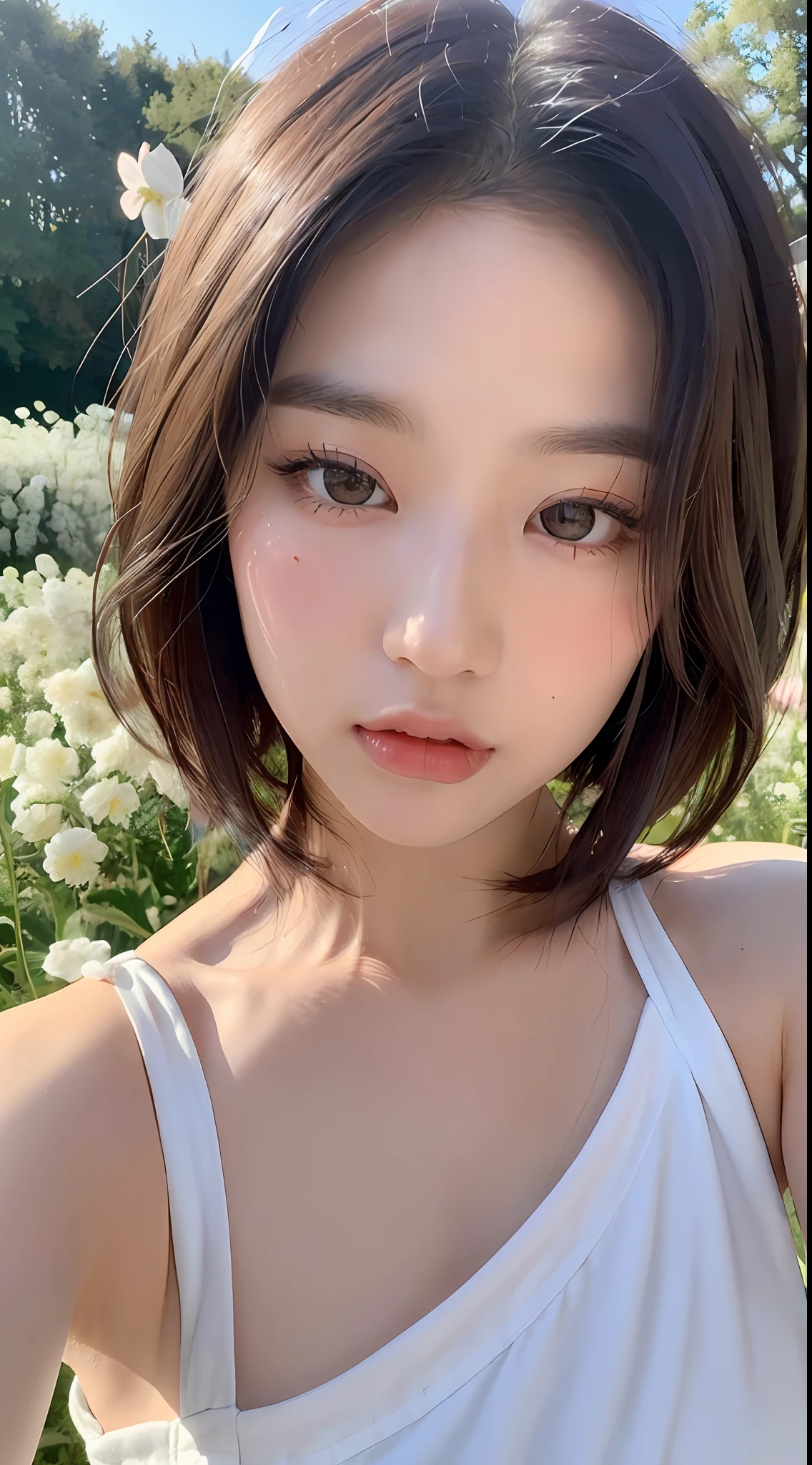 ((品质最佳, 8K, 巨作 :1.3)), Sharp focus :1.2, ((short shoulder length hair:1.2)), (white dress:1.1 ), (blossom flower field:1.2), Highly detailed facial and skin texture, detailed eye, Double eyelid,Exposed shoulder,Glowing skin,selfee,Flushed complexion,Close up of,